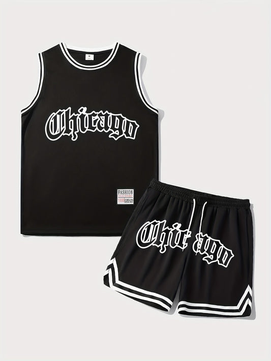 Men's 2 Piece Outfits, Chicago Letter Print, Striped Cuff Casual Graphic Tanktop And Loose Drawstring Shorts Set, Men's Clothing - Lena & Miles Exquisite Boutique LLC.