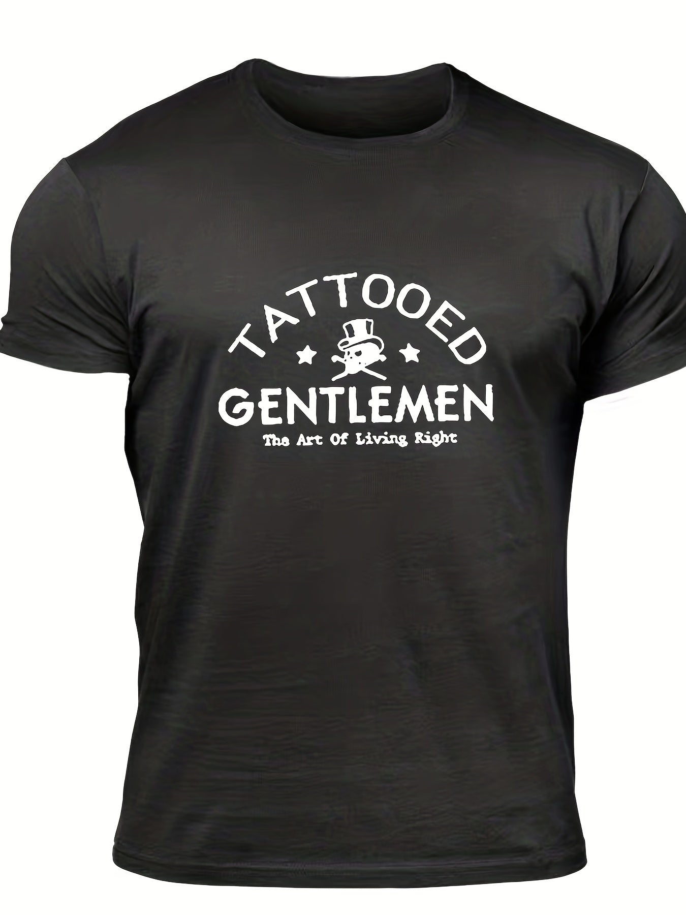 "Tattooed Gentlemen", Men's Letter Print T-shirt, Casual Comfy Slightly Stretch Crew Neck Tee, Men's Clothing For Summer Outdoor - Lena & Miles Exquisite Boutique LLC.