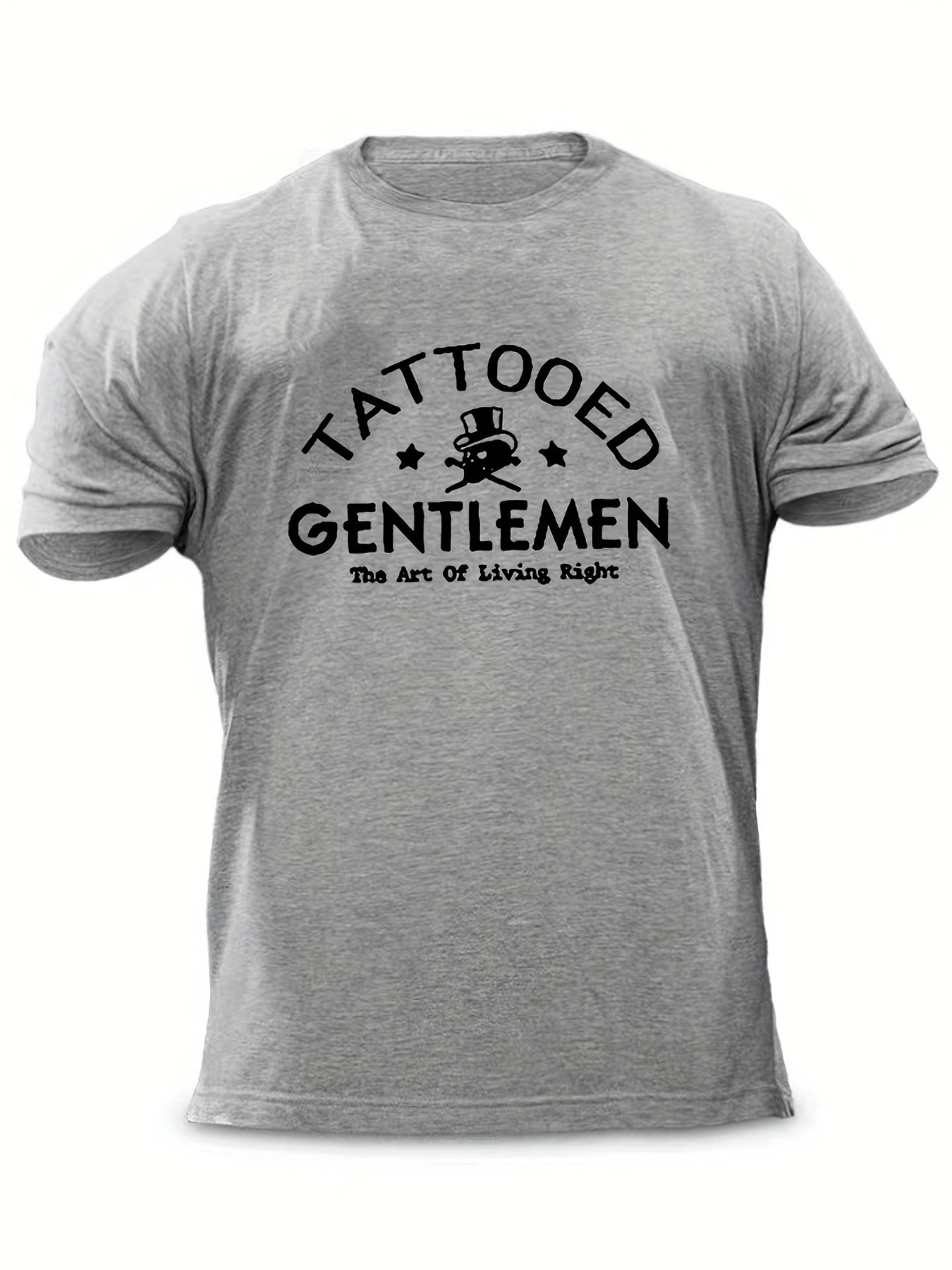"Tattooed Gentlemen", Men's Letter Print T-shirt, Casual Comfy Slightly Stretch Crew Neck Tee, Men's Clothing For Summer Outdoor - Lena & Miles Exquisite Boutique LLC.