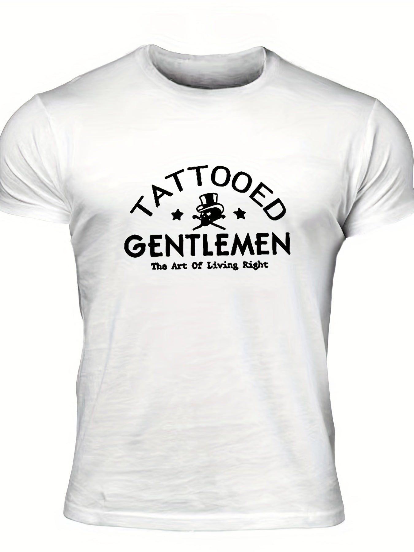 "Tattooed Gentlemen", Men's Letter Print T-shirt, Casual Comfy Slightly Stretch Crew Neck Tee, Men's Clothing For Summer Outdoor - Lena & Miles Exquisite Boutique LLC.