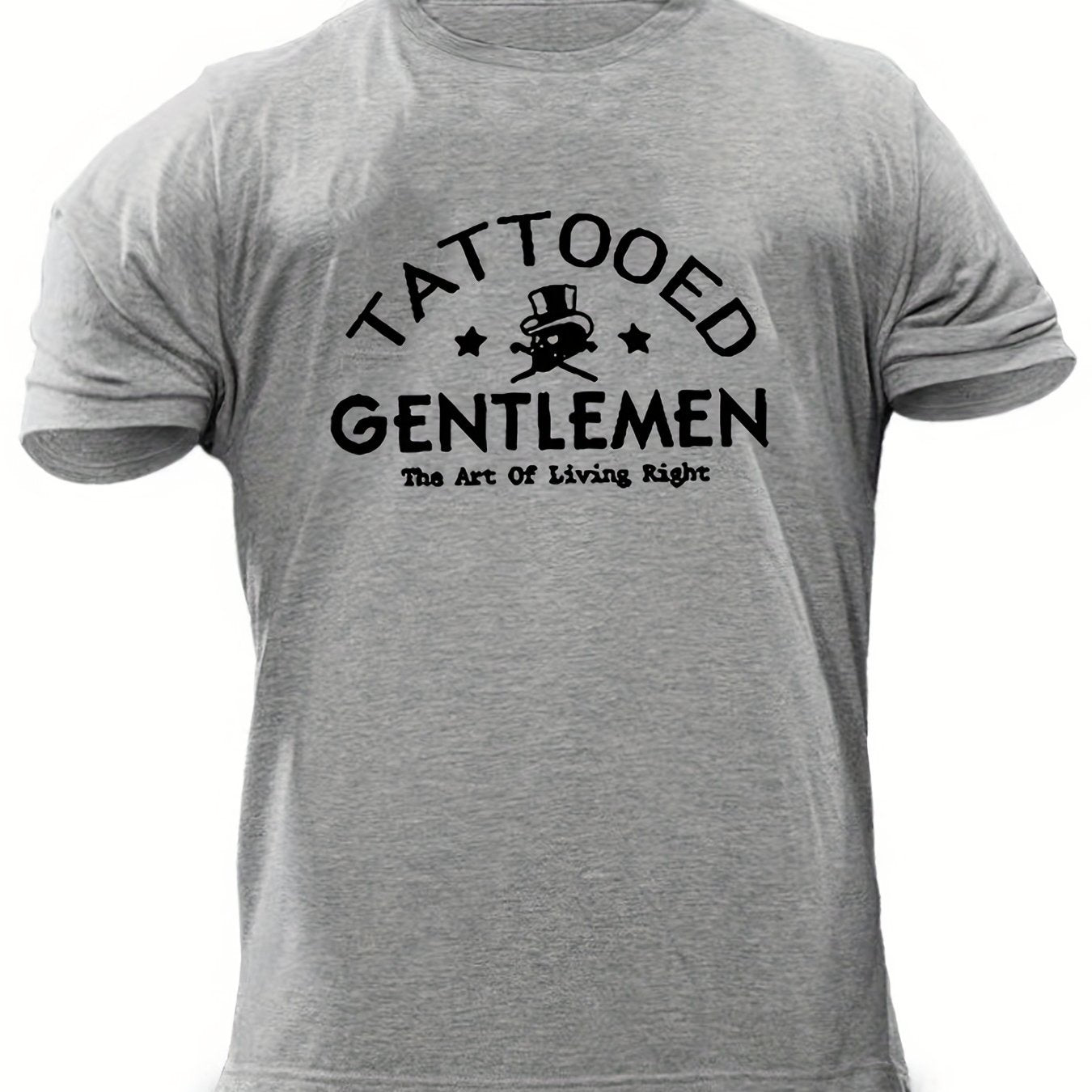 "Tattooed Gentlemen", Men's Letter Print T-shirt, Casual Comfy Slightly Stretch Crew Neck Tee, Men's Clothing For Summer Outdoor - Lena & Miles Exquisite Boutique LLC.