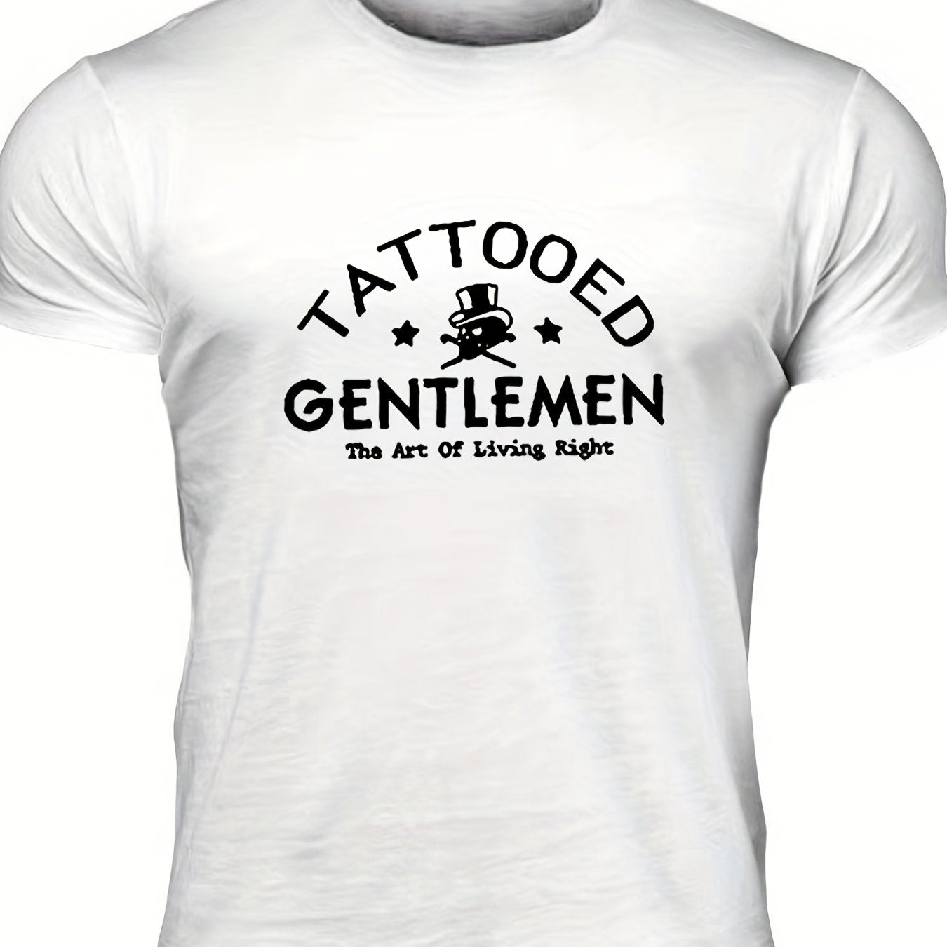 "Tattooed Gentlemen", Men's Letter Print T-shirt, Casual Comfy Slightly Stretch Crew Neck Tee, Men's Clothing For Summer Outdoor - Lena & Miles Exquisite Boutique LLC.