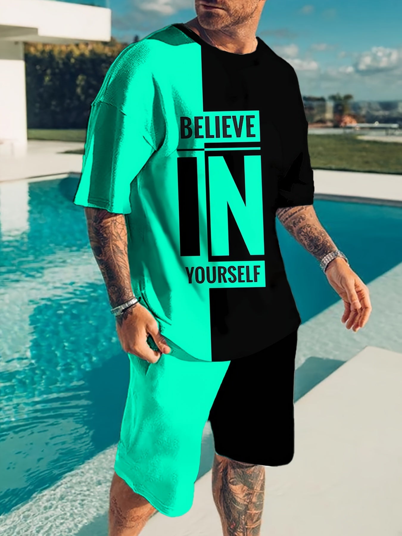 Believe In Yourself Print, Men's 2Pcs Outfits, Casual Crew Neck Short Sleeve T-shirt And Drawstring Shorts Set For Summer, Men's Clothing - Lena & Miles Exquisite Boutique LLC.