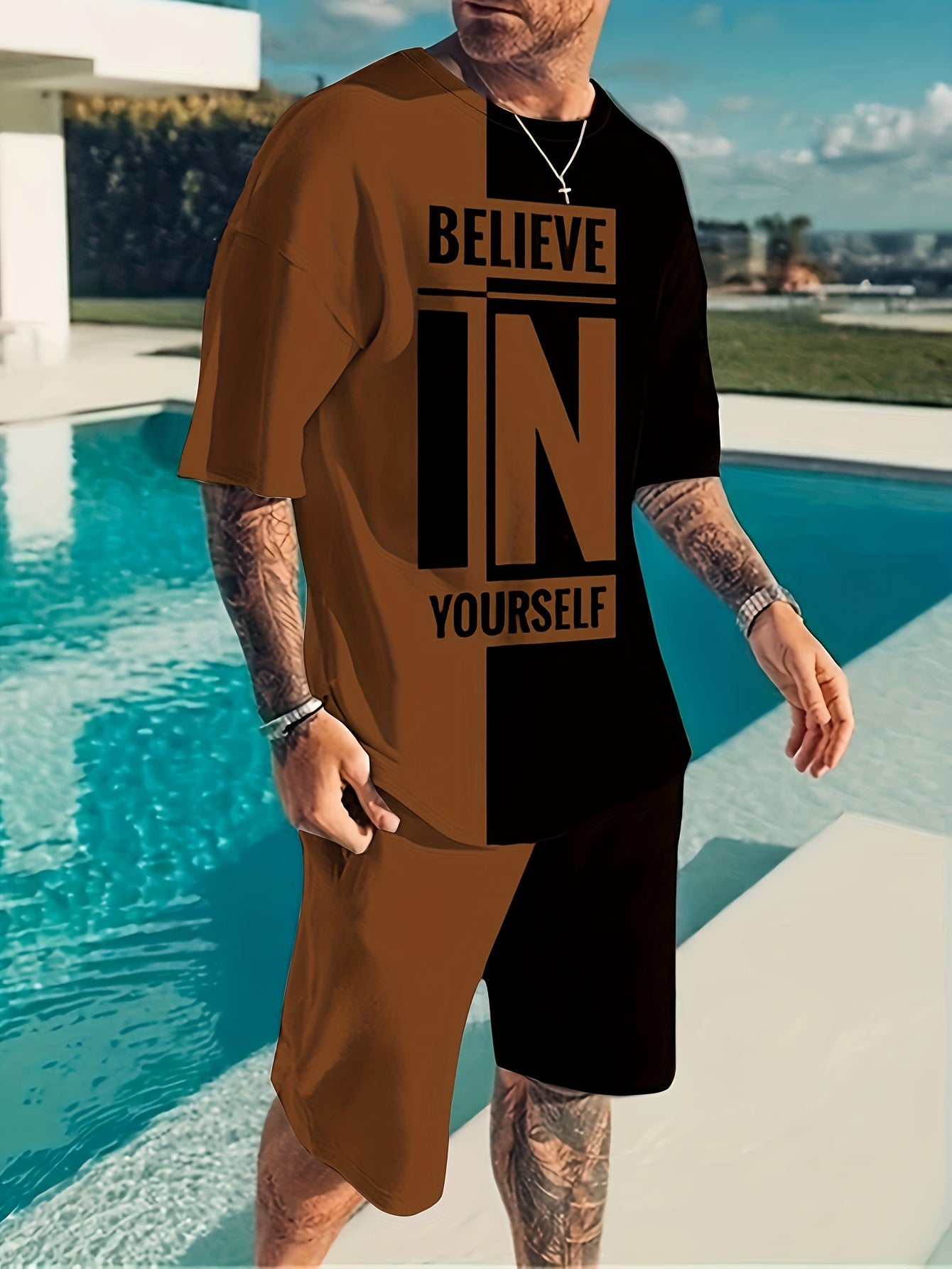Believe In Yourself Print, Men's 2Pcs Outfits, Casual Crew Neck Short Sleeve T-shirt And Drawstring Shorts Set For Summer, Men's Clothing - Lena & Miles Exquisite Boutique LLC.