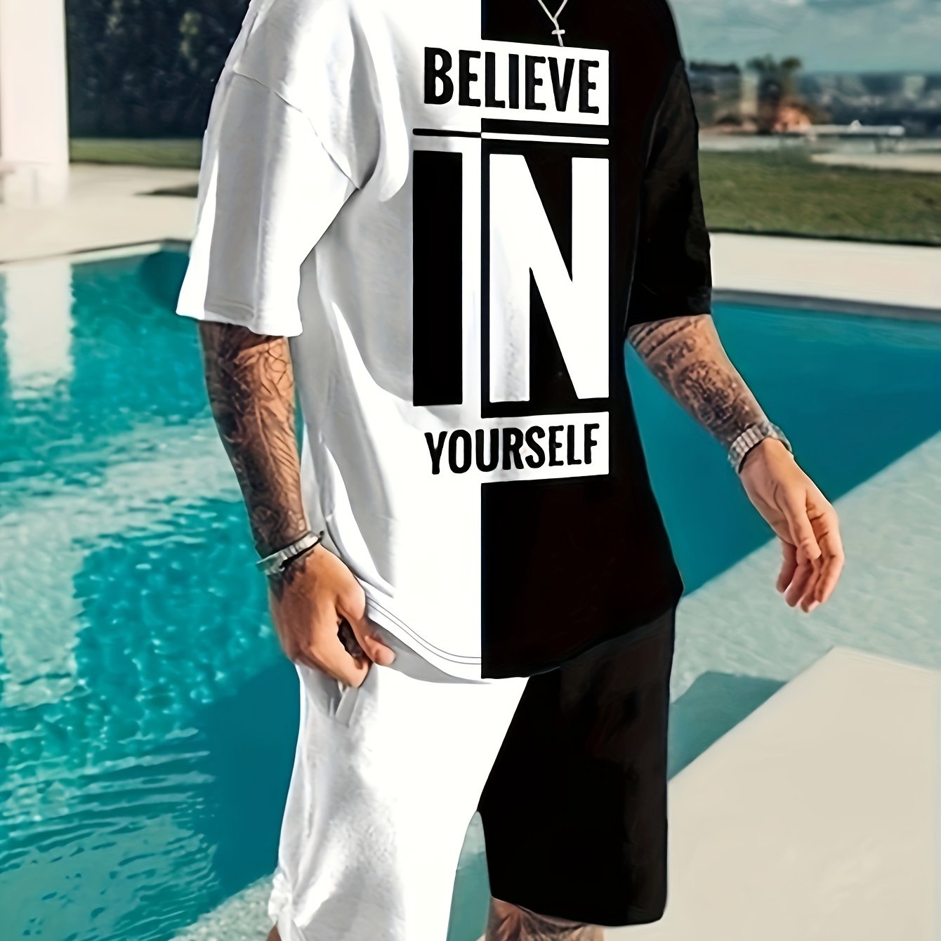 Believe In Yourself Print, Men's 2Pcs Outfits, Casual Crew Neck Short Sleeve T-shirt And Drawstring Shorts Set For Summer, Men's Clothing - Lena & Miles Exquisite Boutique LLC.
