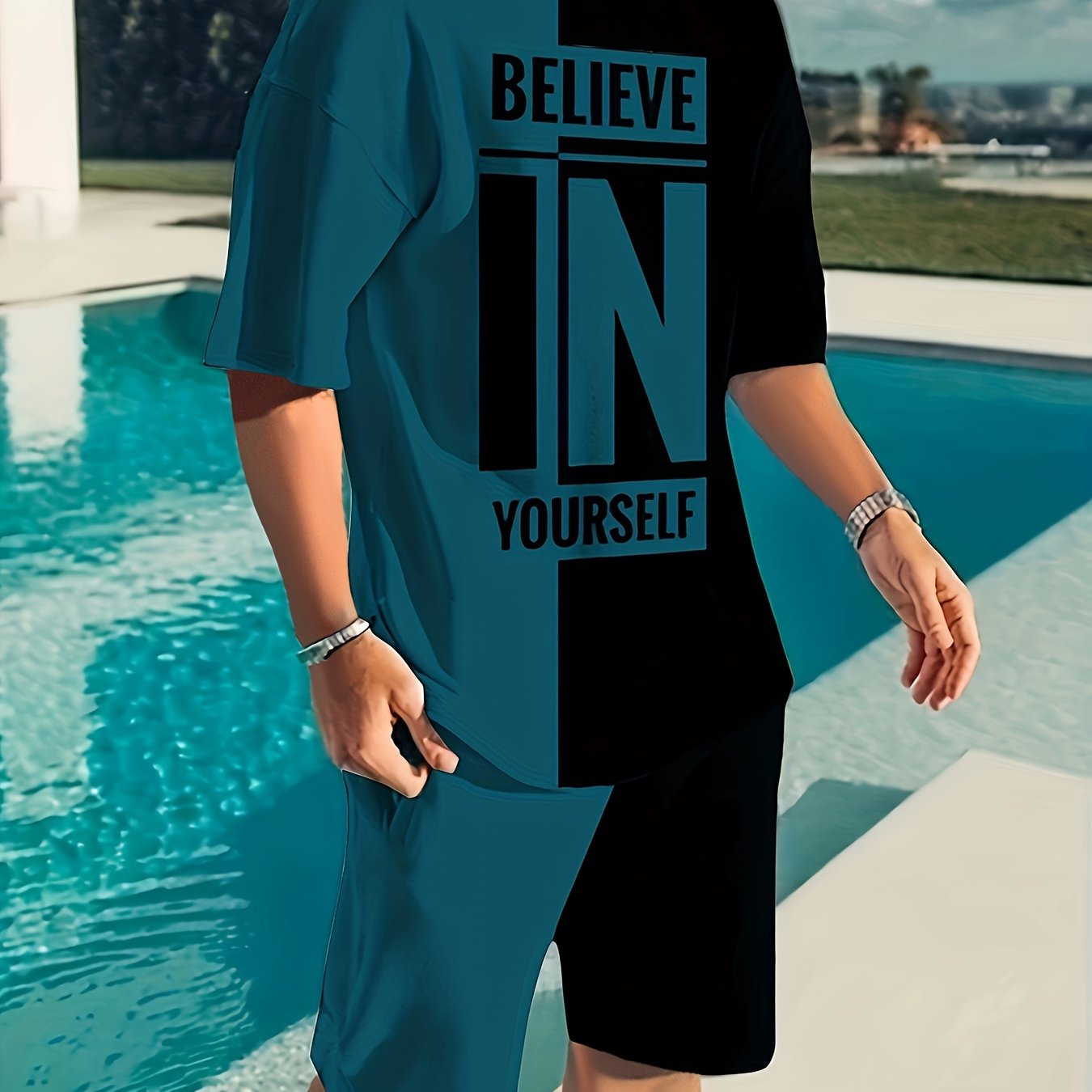 Believe In Yourself Print, Men's 2Pcs Outfits, Casual Crew Neck Short Sleeve T-shirt And Drawstring Shorts Set For Summer, Men's Clothing - Lena & Miles Exquisite Boutique LLC.