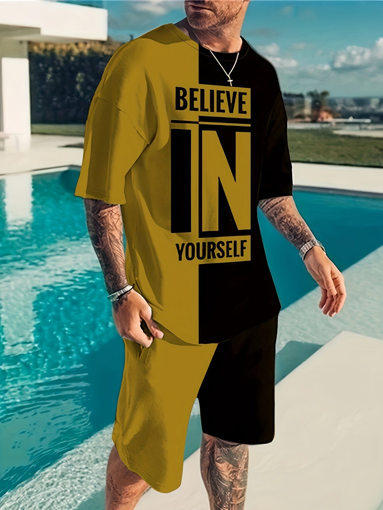 Believe In Yourself Print, Men's 2Pcs Outfits, Casual Crew Neck Short Sleeve T-shirt And Drawstring Shorts Set For Summer, Men's Clothing - Lena & Miles Exquisite Boutique LLC.