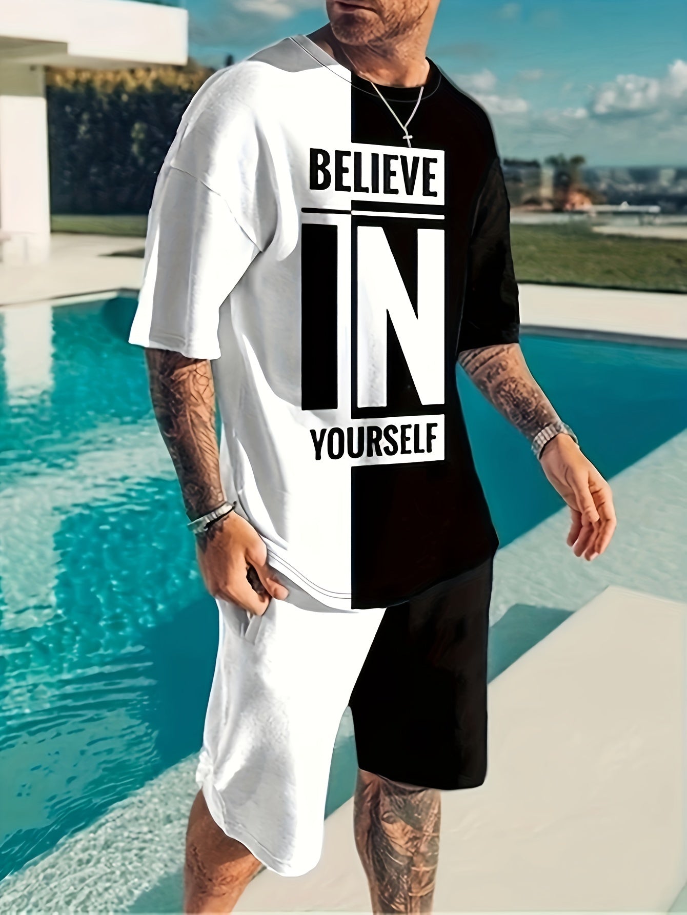 Believe In Yourself Print, Men's 2Pcs Outfits, Casual Crew Neck Short Sleeve T-shirt And Drawstring Shorts Set For Summer, Men's Clothing - Lena & Miles Exquisite Boutique LLC.