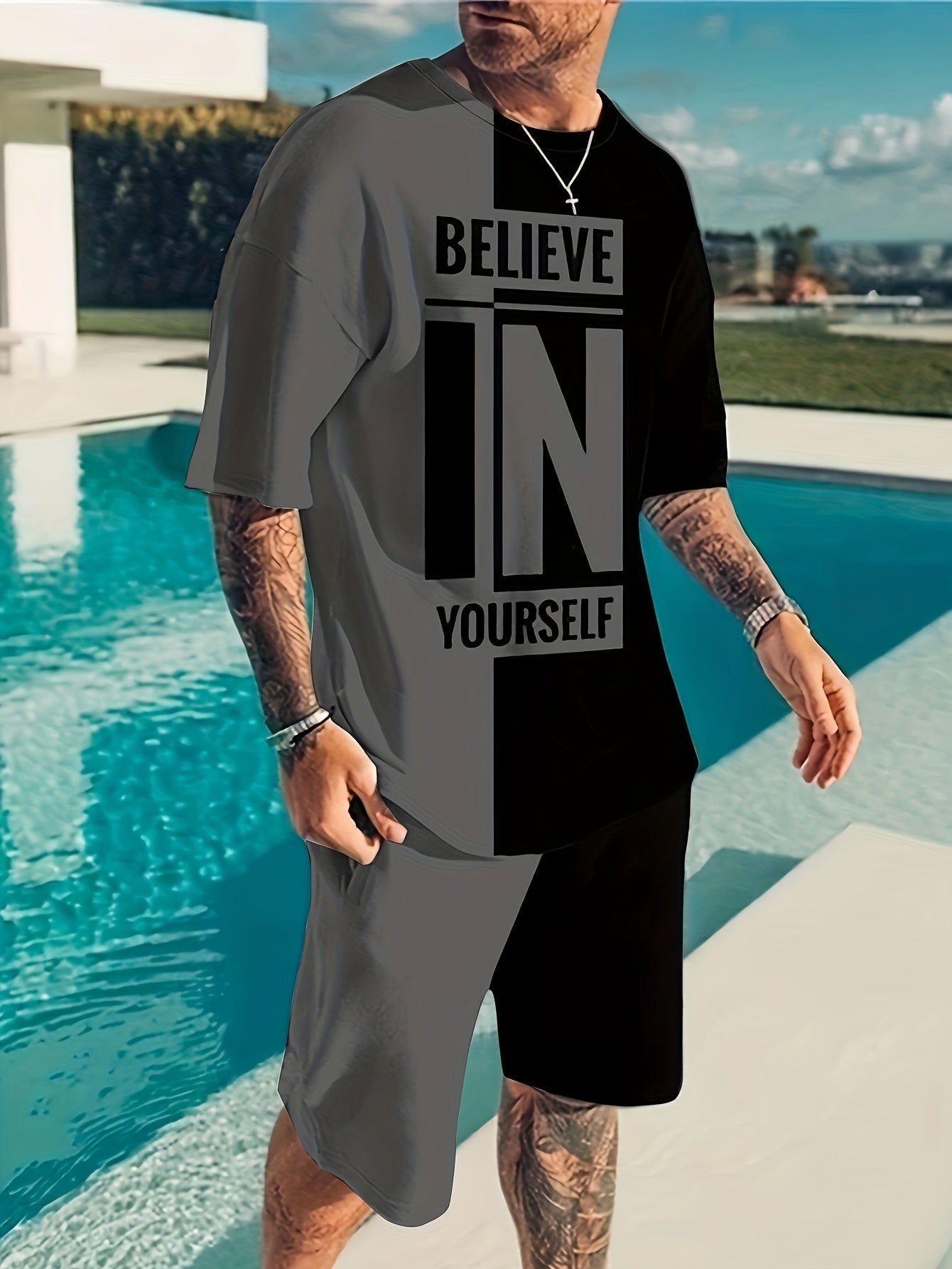 Believe In Yourself Print, Men's 2Pcs Outfits, Casual Crew Neck Short Sleeve T-shirt And Drawstring Shorts Set For Summer, Men's Clothing - Lena & Miles Exquisite Boutique LLC.