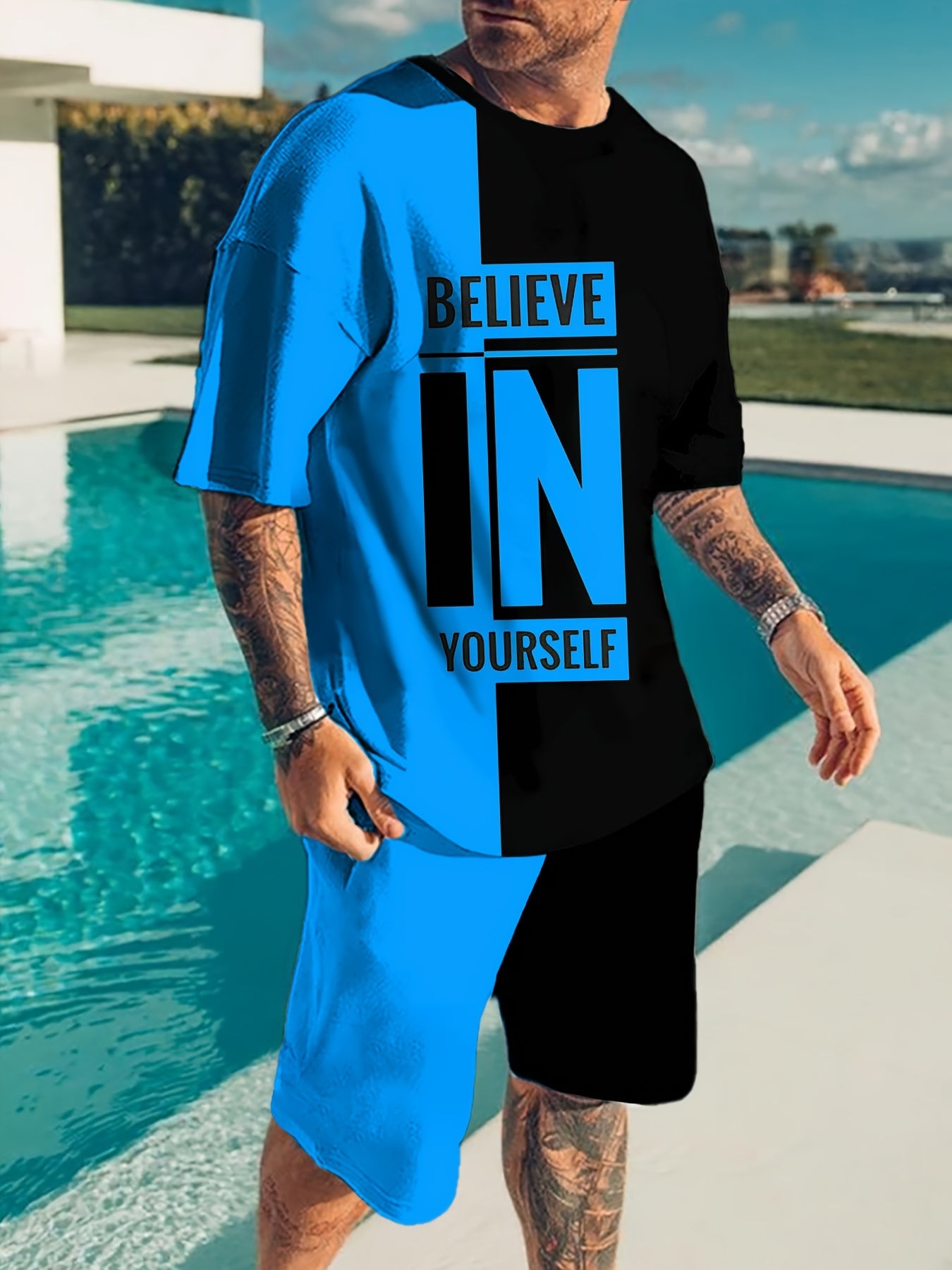 Believe In Yourself Print, Men's 2Pcs Outfits, Casual Crew Neck Short Sleeve T-shirt And Drawstring Shorts Set For Summer, Men's Clothing - Lena & Miles Exquisite Boutique LLC.