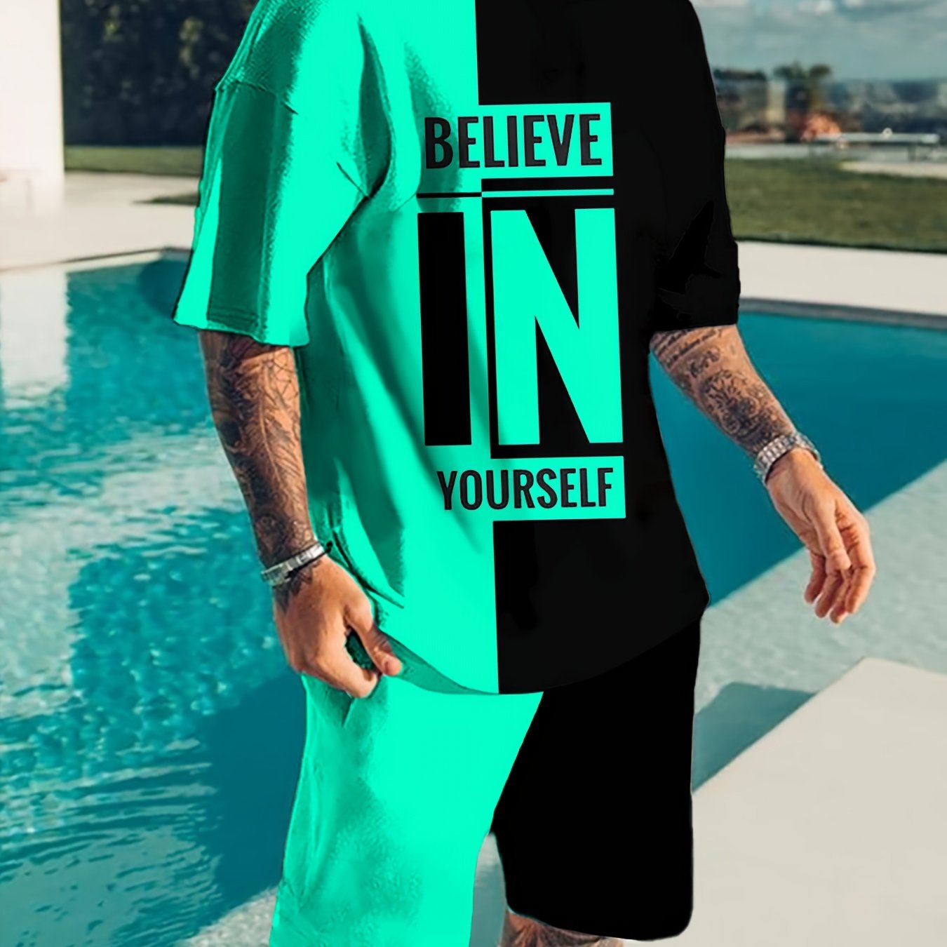 Believe In Yourself Print, Men's 2Pcs Outfits, Casual Crew Neck Short Sleeve T-shirt And Drawstring Shorts Set For Summer, Men's Clothing - Lena & Miles Exquisite Boutique LLC.