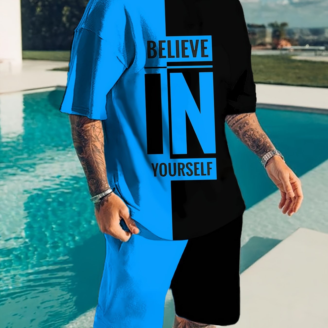 Believe In Yourself Print, Men's 2Pcs Outfits, Casual Crew Neck Short Sleeve T-shirt And Drawstring Shorts Set For Summer, Men's Clothing - Lena & Miles Exquisite Boutique LLC.