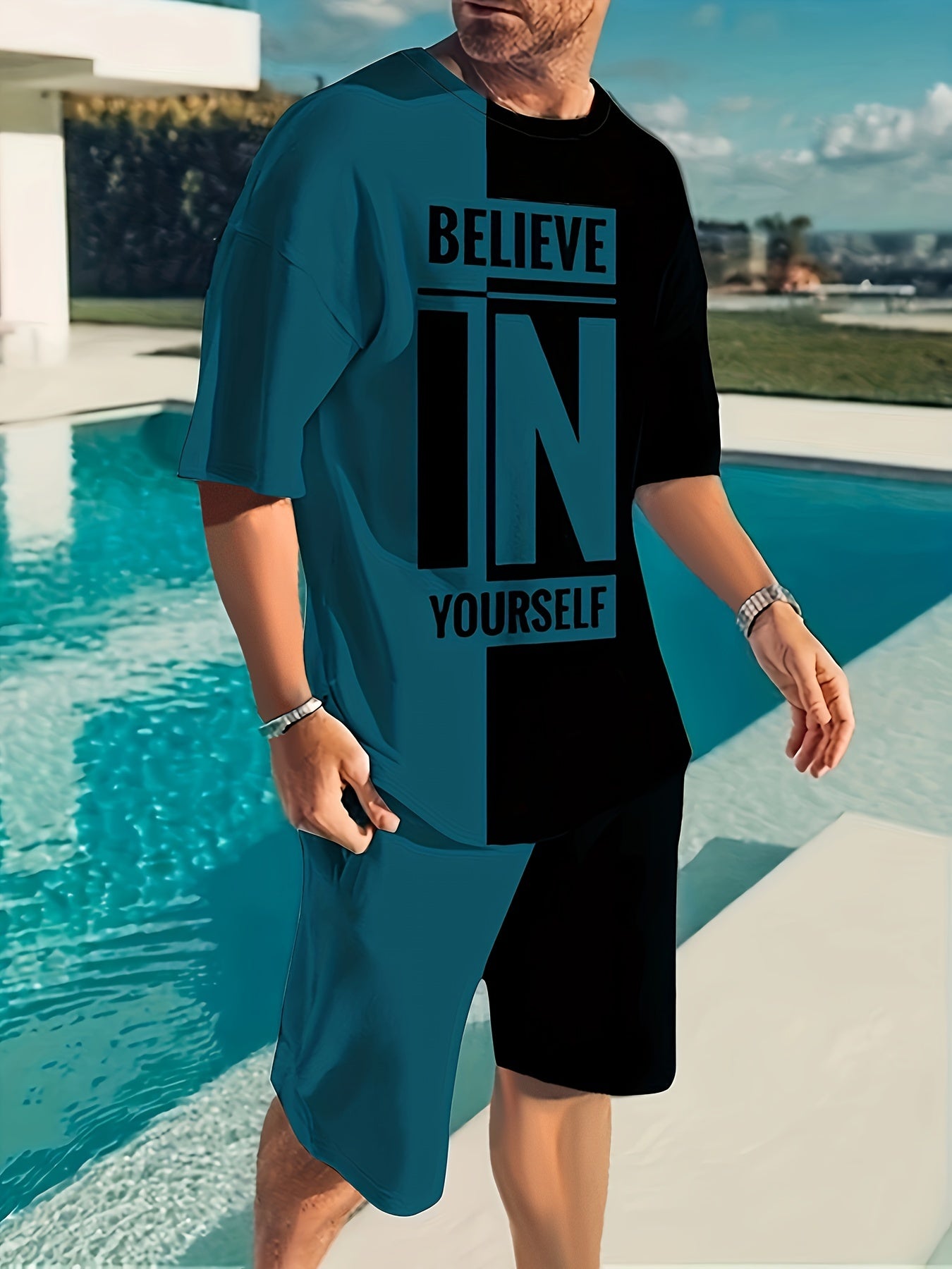 Believe In Yourself Print, Men's 2Pcs Outfits, Casual Crew Neck Short Sleeve T-shirt And Drawstring Shorts Set For Summer, Men's Clothing - Lena & Miles Exquisite Boutique LLC.