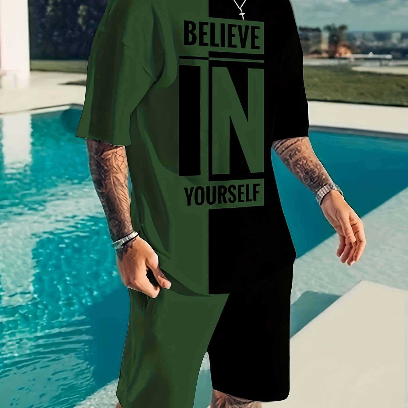 Believe In Yourself Print, Men's 2Pcs Outfits, Casual Crew Neck Short Sleeve T-shirt And Drawstring Shorts Set For Summer, Men's Clothing - Lena & Miles Exquisite Boutique LLC.