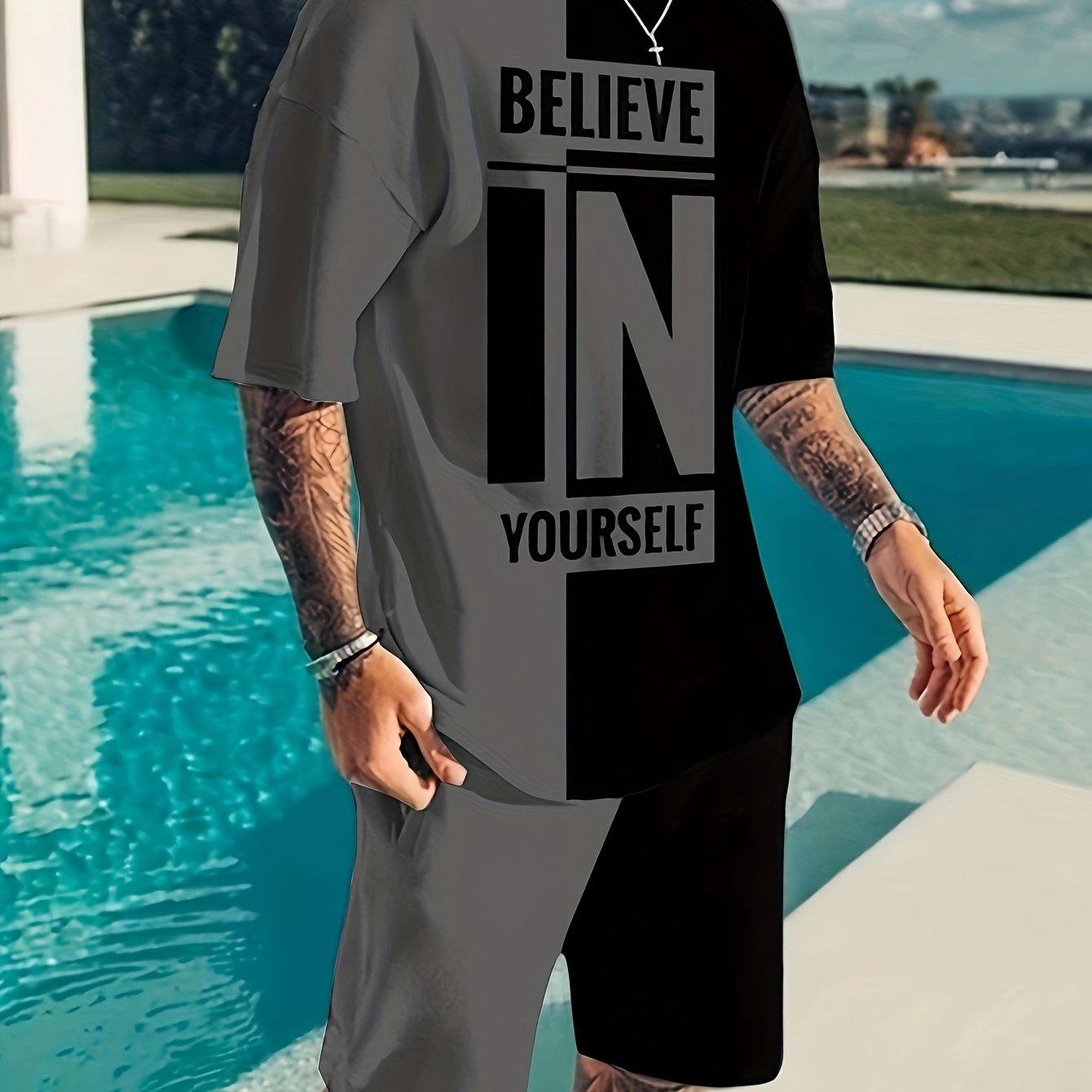 Believe In Yourself Print, Men's 2Pcs Outfits, Casual Crew Neck Short Sleeve T-shirt And Drawstring Shorts Set For Summer, Men's Clothing - Lena & Miles Exquisite Boutique LLC.