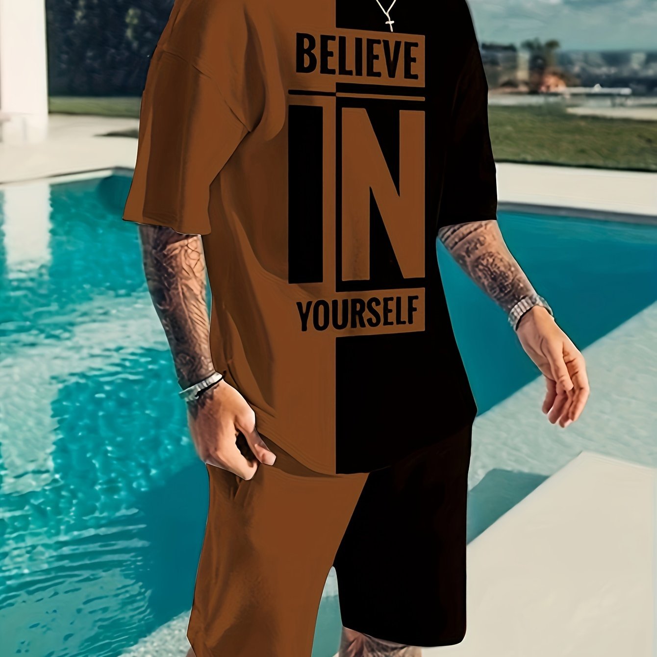 Believe In Yourself Print, Men's 2Pcs Outfits, Casual Crew Neck Short Sleeve T-shirt And Drawstring Shorts Set For Summer, Men's Clothing - Lena & Miles Exquisite Boutique LLC.