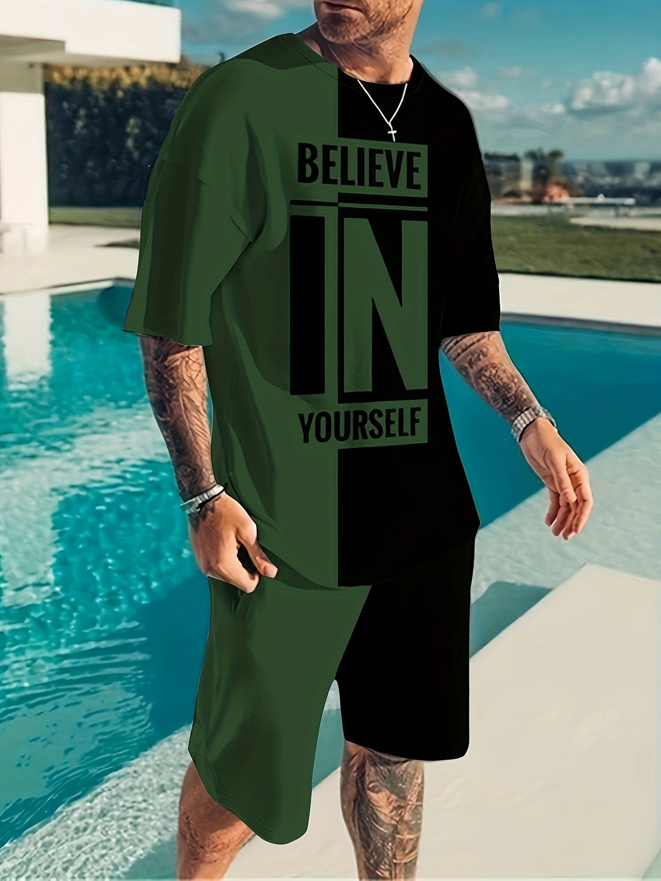 Believe In Yourself Print, Men's 2Pcs Outfits, Casual Crew Neck Short Sleeve T-shirt And Drawstring Shorts Set For Summer, Men's Clothing - Lena & Miles Exquisite Boutique LLC.