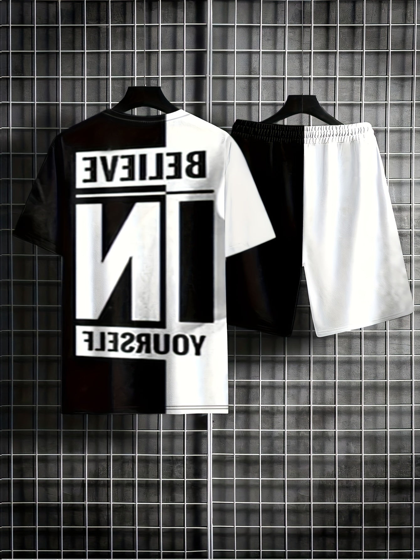 Believe In Yourself Print, Men's 2Pcs Outfits, Casual Crew Neck Short Sleeve T-shirt And Drawstring Shorts Set For Summer, Men's Clothing - Lena & Miles Exquisite Boutique LLC.