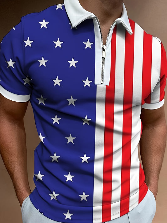 Breathable Regular Fit Stars And Striped Golf Shirt, Men's Casual V-Neck T-Shirt Short Sleeve For Summer, Men's Clothing - Lena & Miles Exquisite Boutique LLC.