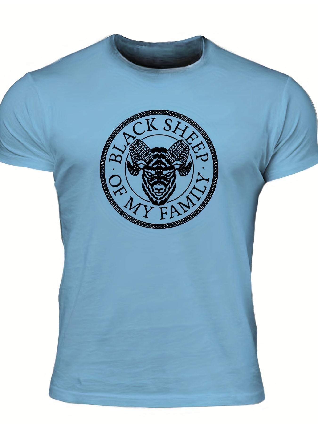"Black Sheep Of My Family", Men's Sheep Graphic T-shirt, Casual Comfy Slightly Stretch Crew Neck Tee, Men's Clothing For Summer Outdoor - Lena & Miles Exquisite Boutique LLC.