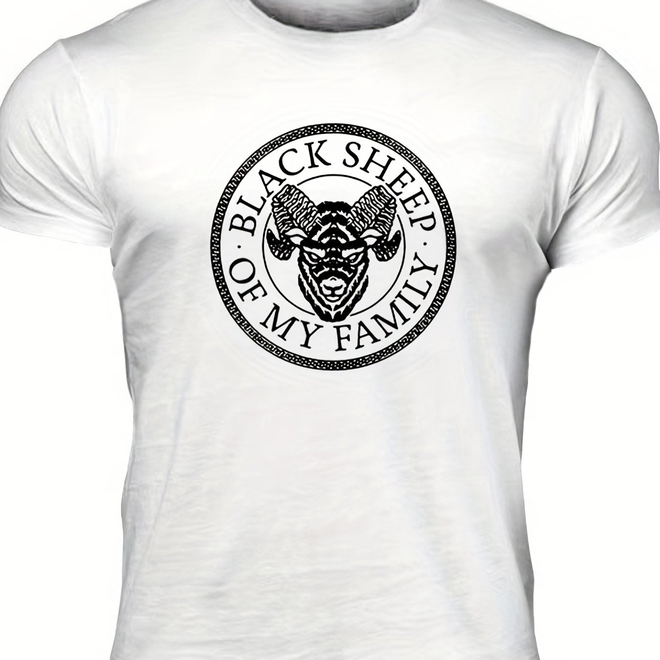 "Black Sheep Of My Family", Men's Sheep Graphic T-shirt, Casual Comfy Slightly Stretch Crew Neck Tee, Men's Clothing For Summer Outdoor - Lena & Miles Exquisite Boutique LLC.