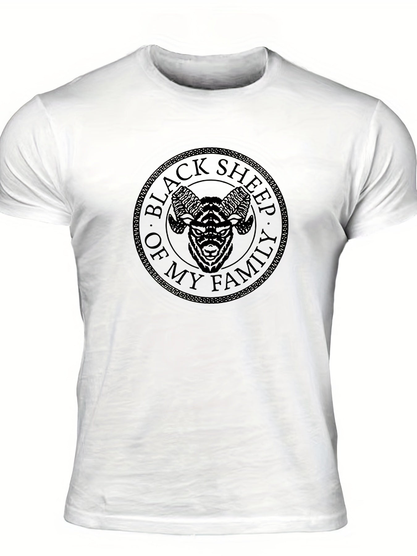 "Black Sheep Of My Family", Men's Sheep Graphic T-shirt, Casual Comfy Slightly Stretch Crew Neck Tee, Men's Clothing For Summer Outdoor - Lena & Miles Exquisite Boutique LLC.