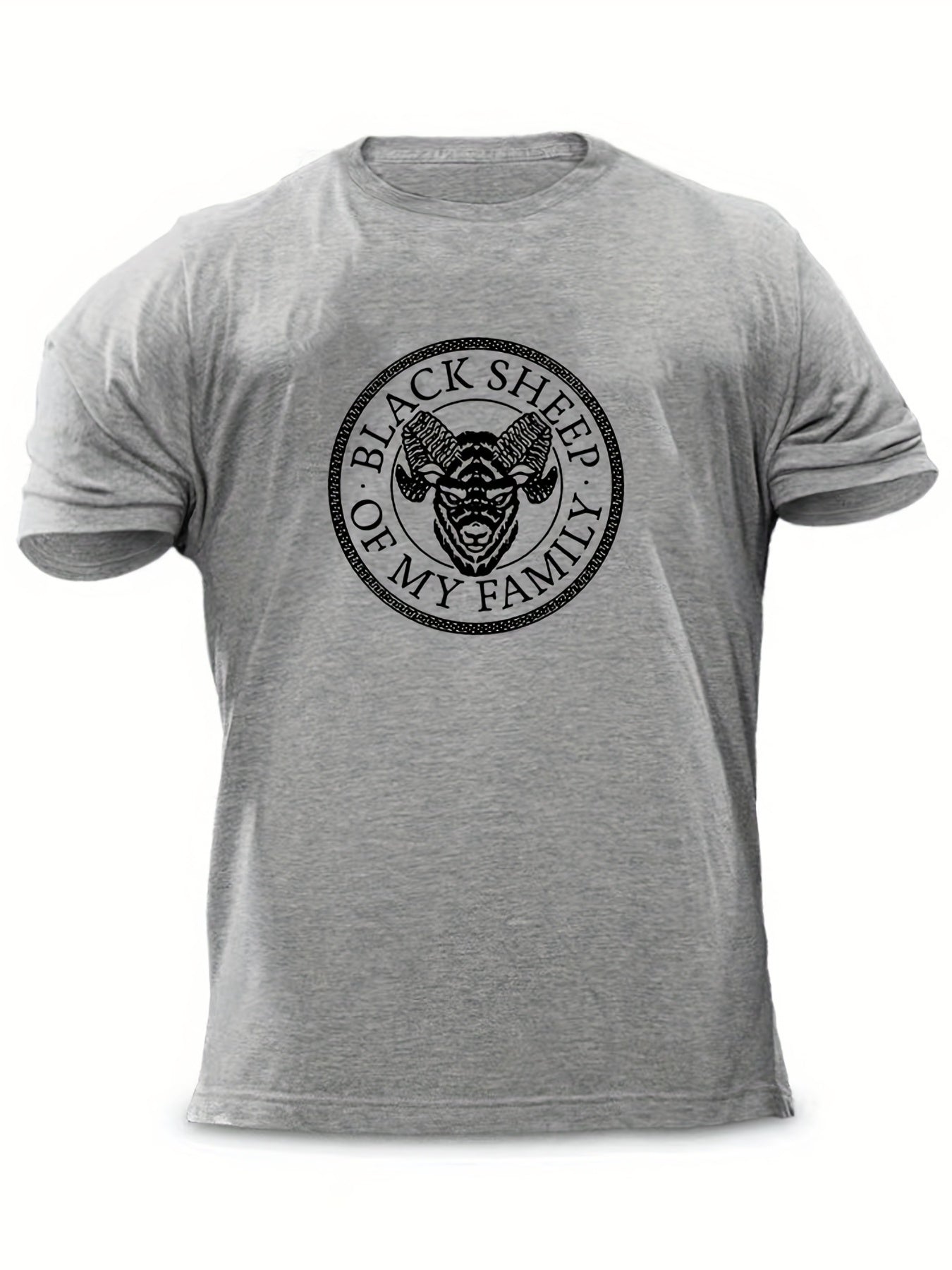 "Black Sheep Of My Family", Men's Sheep Graphic T-shirt, Casual Comfy Slightly Stretch Crew Neck Tee, Men's Clothing For Summer Outdoor - Lena & Miles Exquisite Boutique LLC.