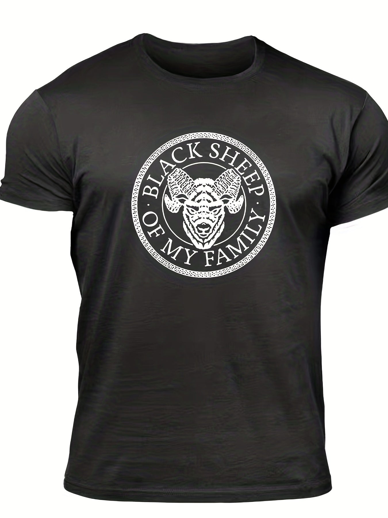 "Black Sheep Of My Family", Men's Sheep Graphic T-shirt, Casual Comfy Slightly Stretch Crew Neck Tee, Men's Clothing For Summer Outdoor - Lena & Miles Exquisite Boutique LLC.