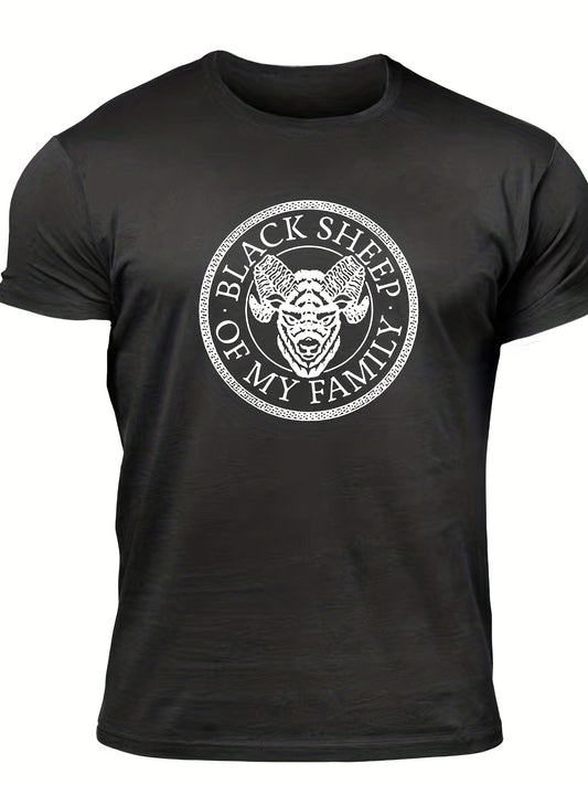 "Black Sheep Of My Family", Men's Sheep Graphic T-shirt, Casual Comfy Slightly Stretch Crew Neck Tee, Men's Clothing For Summer Outdoor - Lena & Miles Exquisite Boutique LLC.