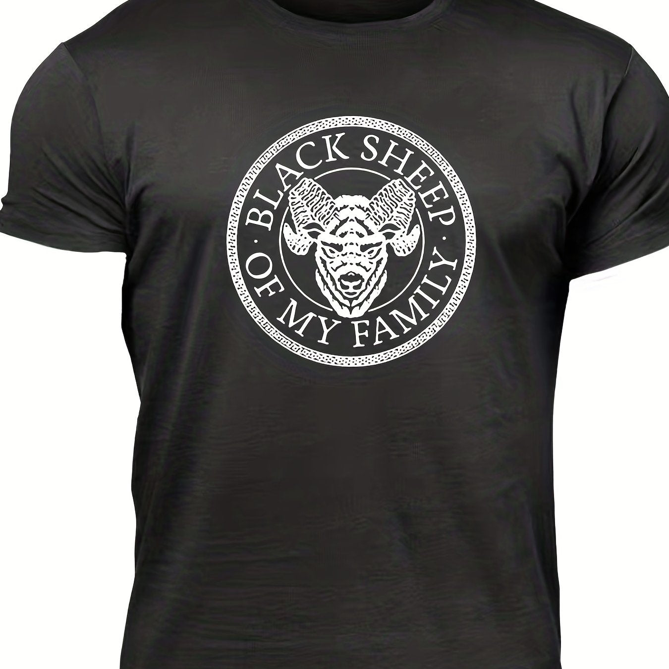 "Black Sheep Of My Family", Men's Sheep Graphic T-shirt, Casual Comfy Slightly Stretch Crew Neck Tee, Men's Clothing For Summer Outdoor - Lena & Miles Exquisite Boutique LLC.