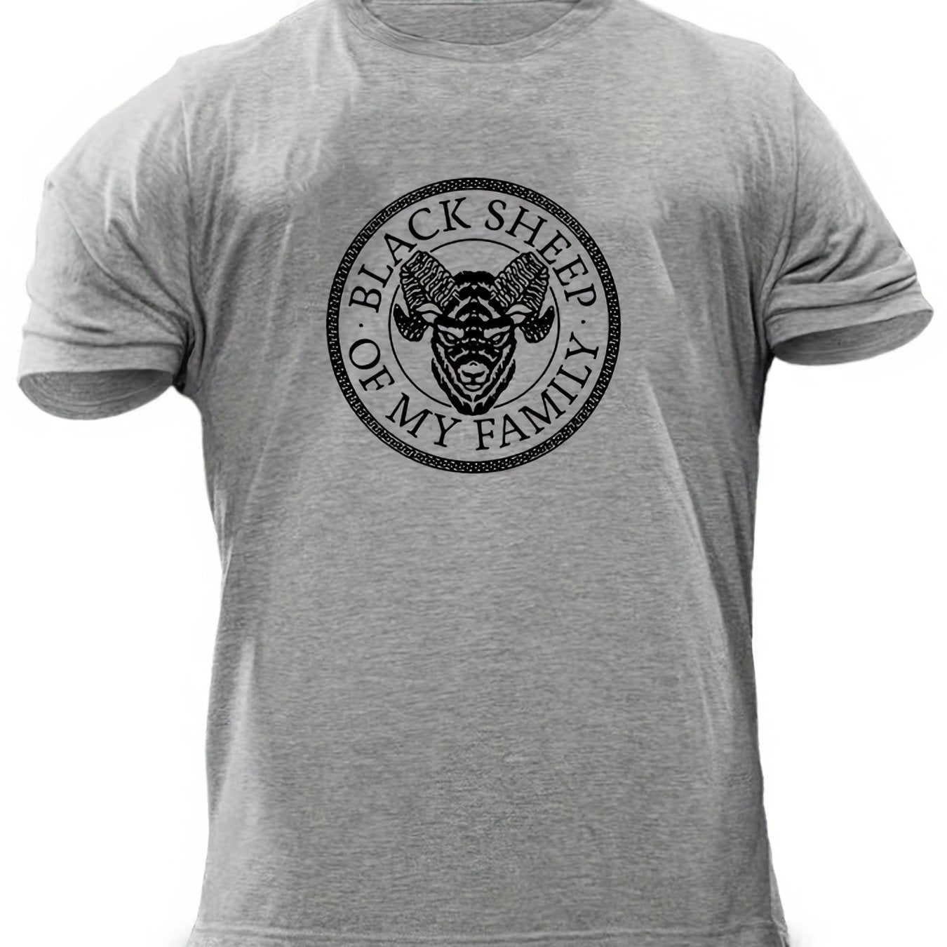 "Black Sheep Of My Family", Men's Sheep Graphic T-shirt, Casual Comfy Slightly Stretch Crew Neck Tee, Men's Clothing For Summer Outdoor - Lena & Miles Exquisite Boutique LLC.