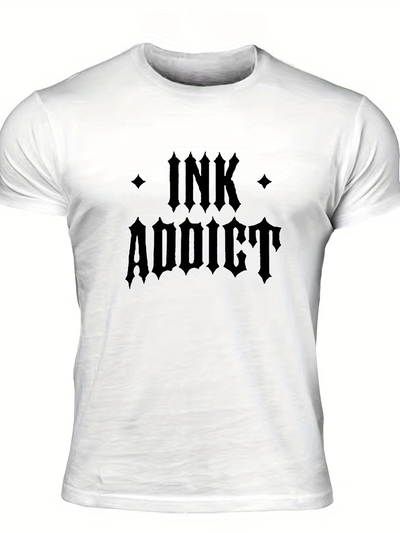 Men's Ink Addict Print T-shirt, Casual Comfy Slightly Stretch Crew Neck Tee, Men's Clothing For Summer Outdoor - Lena & Miles Exquisite Boutique LLC.