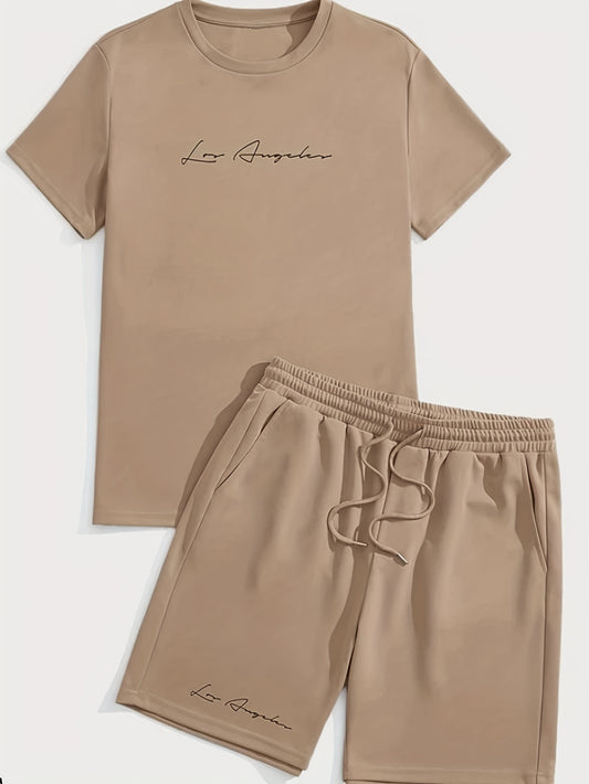 2Pcs Trendy Outfits For Men, Casual Crew Neck Short Sleeve T-shirt And Shorts Set For Summer, Men's Clothing Vacation Workout - Lena & Miles Exquisite Boutique LLC.