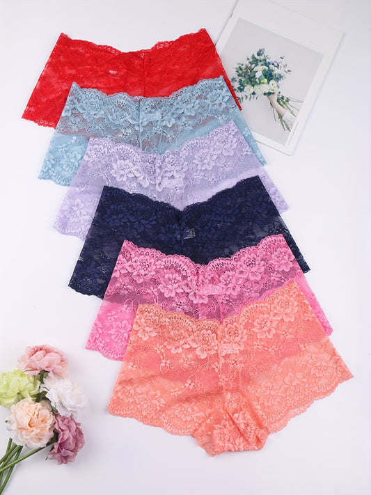 6pcs Floral Lace Boyshort Panties, Soft & Comfortable Scallop Trim Panties, Women's Lingerie & Underwear - Lena & Miles Exquisite Boutique LLC.