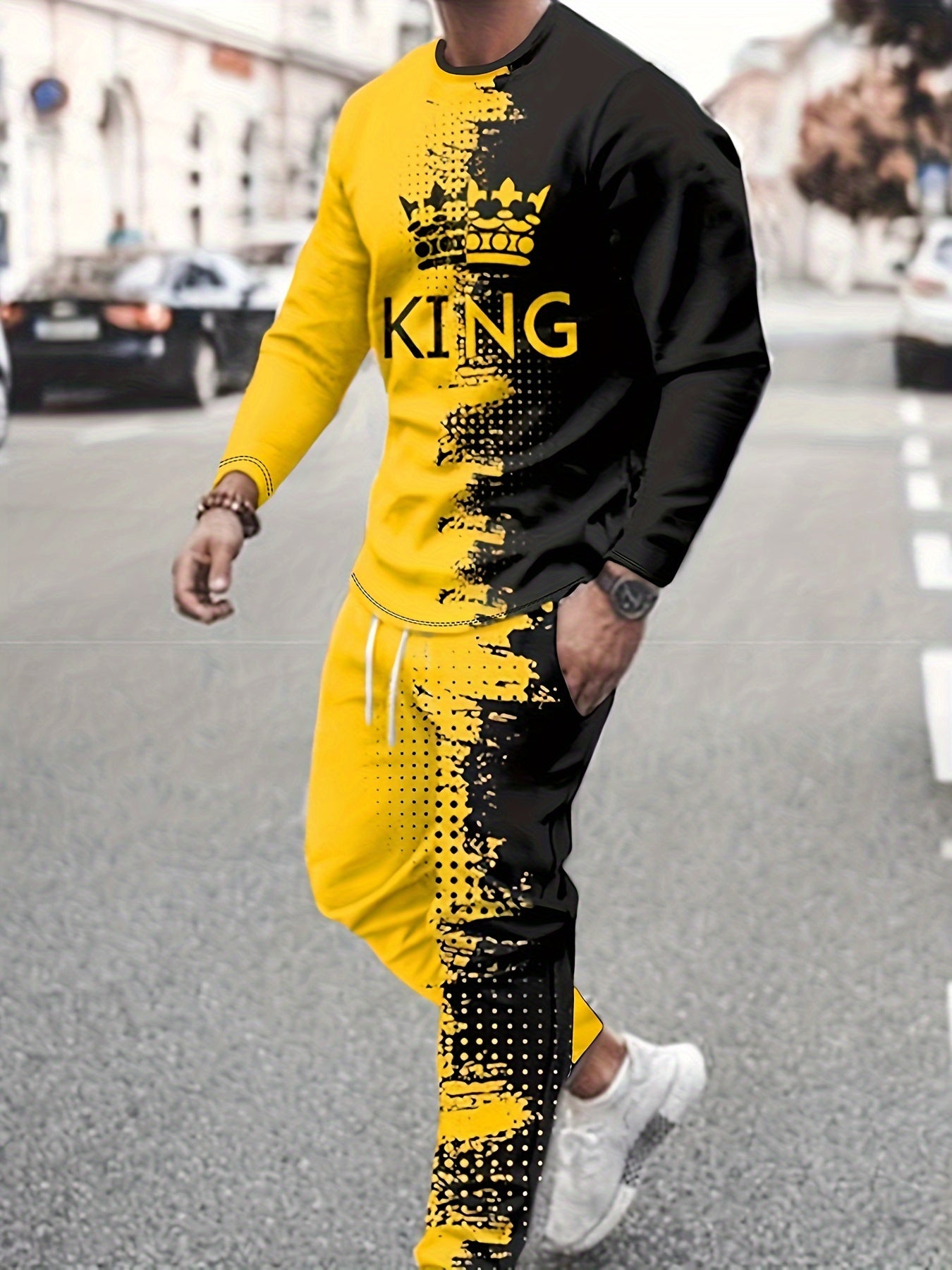 KING Pattern Men's 2Pcs Outfits, Casual Crew Neck Long Sleeve T-shirt And Drawstring Sweatpants Joggers Set For Summer, Men's Clothing - Lena & Miles Exquisite Boutique LLC.