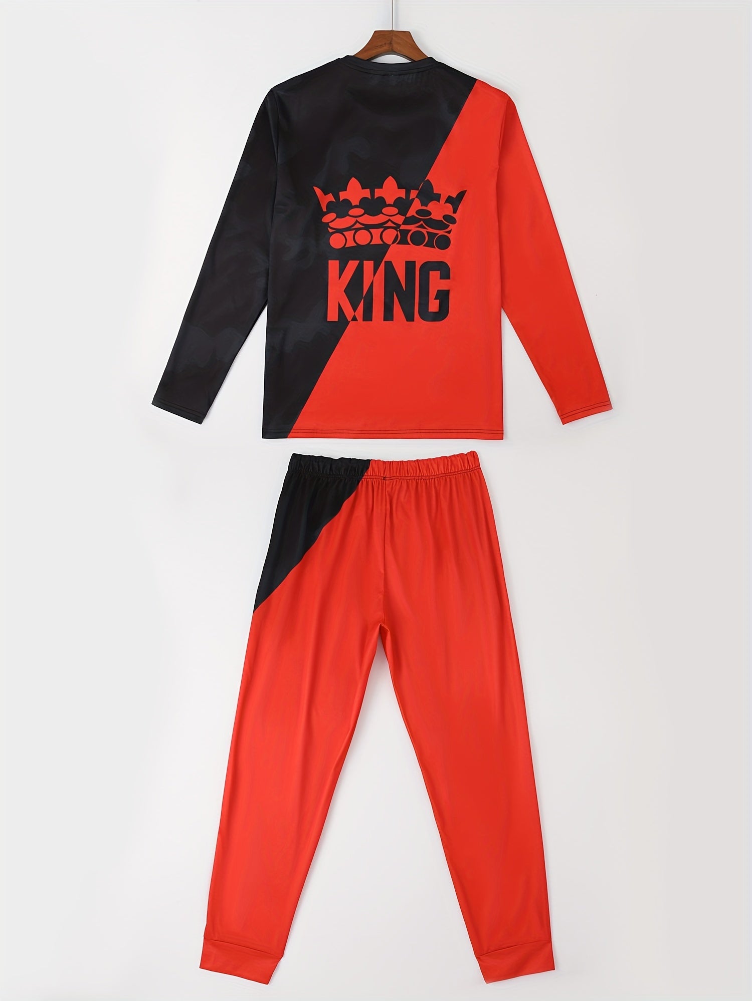 KING Pattern Men's 2Pcs Outfits, Casual Crew Neck Long Sleeve T-shirt And Drawstring Sweatpants Joggers Set For Summer, Men's Clothing - Lena & Miles Exquisite Boutique LLC.