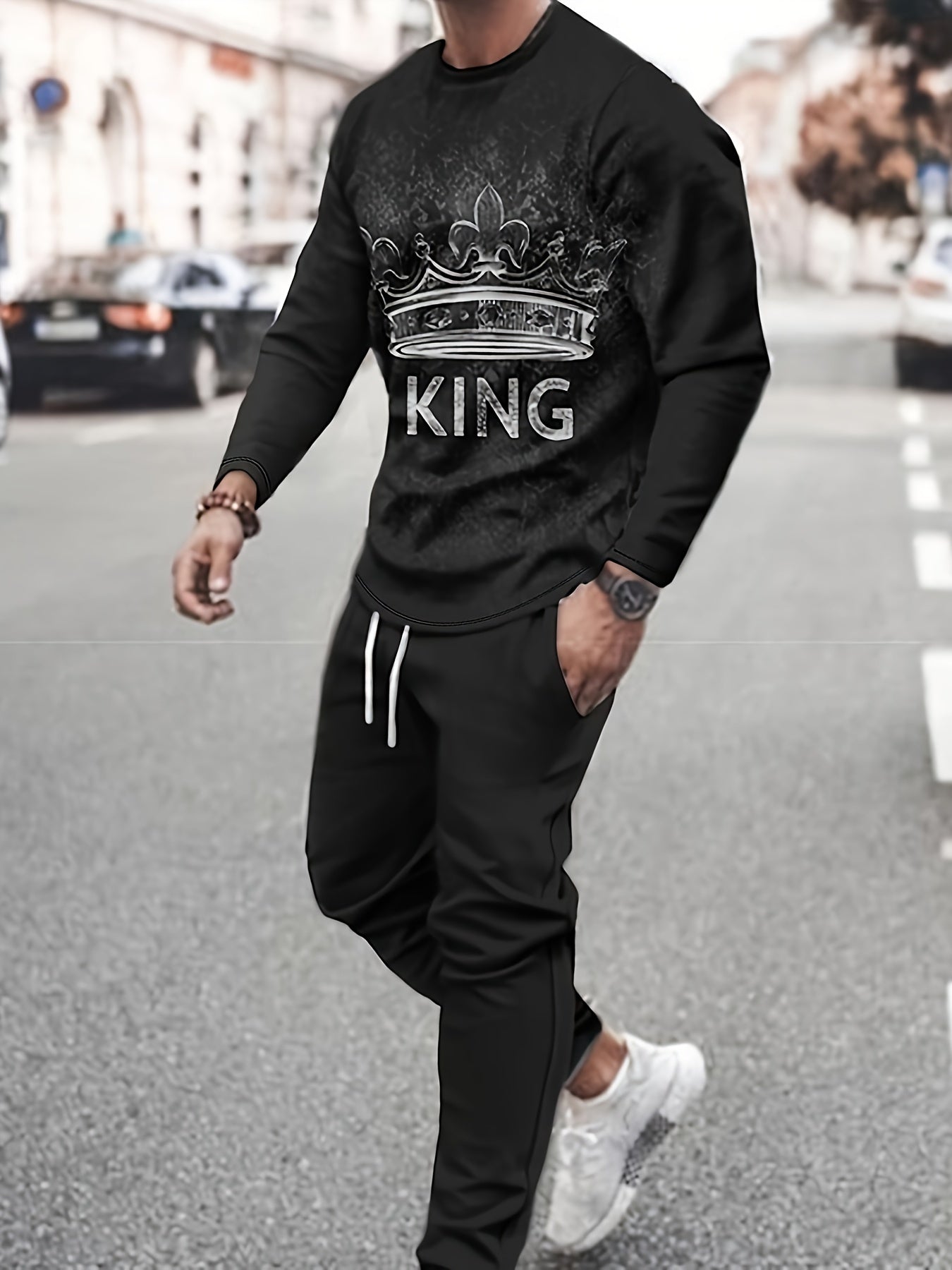 KING Pattern Men's 2Pcs Outfits, Casual Crew Neck Long Sleeve T-shirt And Drawstring Sweatpants Joggers Set For Summer, Men's Clothing - Lena & Miles Exquisite Boutique LLC.