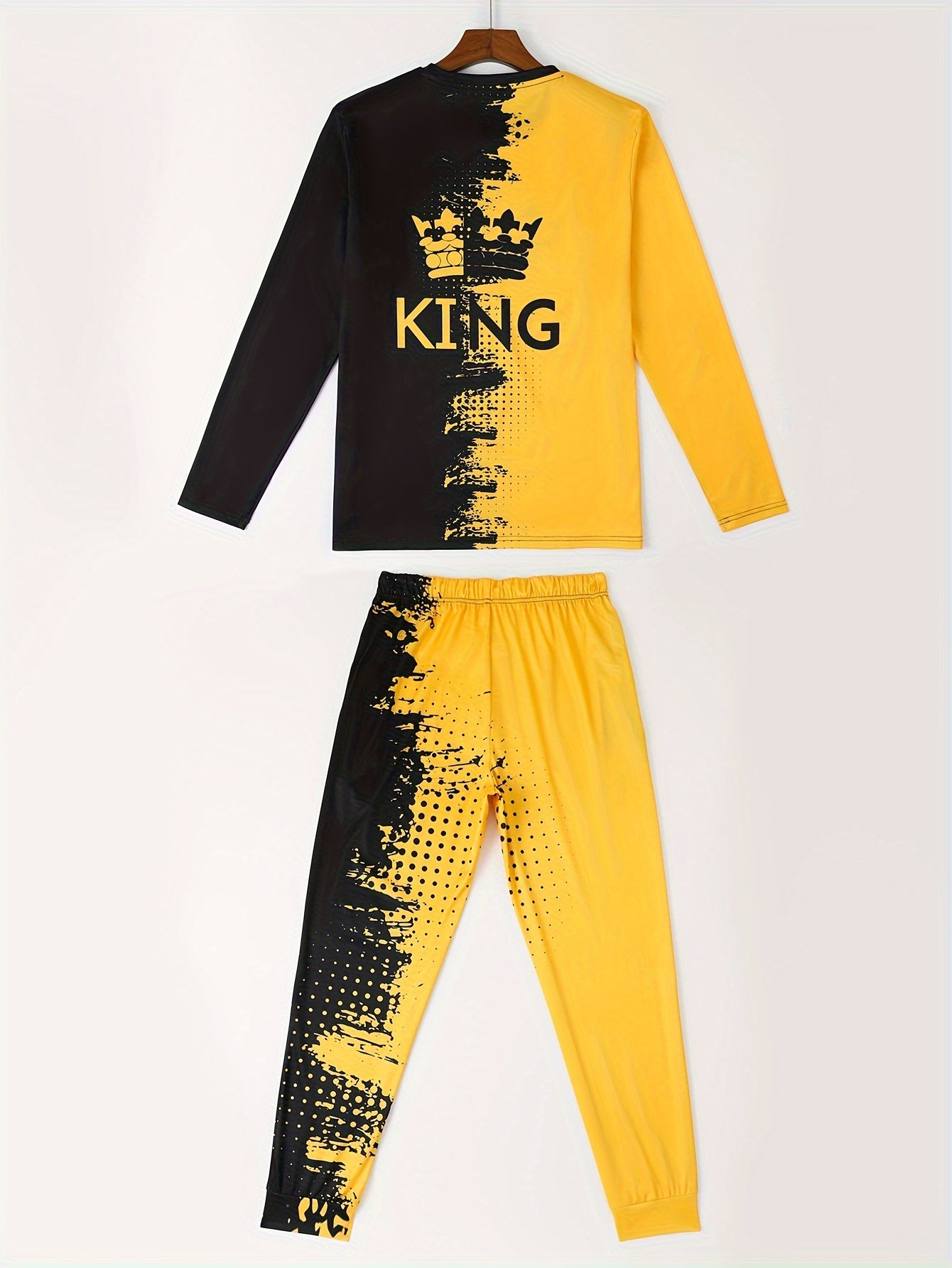 KING Pattern Men's 2Pcs Outfits, Casual Crew Neck Long Sleeve T-shirt And Drawstring Sweatpants Joggers Set For Summer, Men's Clothing - Lena & Miles Exquisite Boutique LLC.