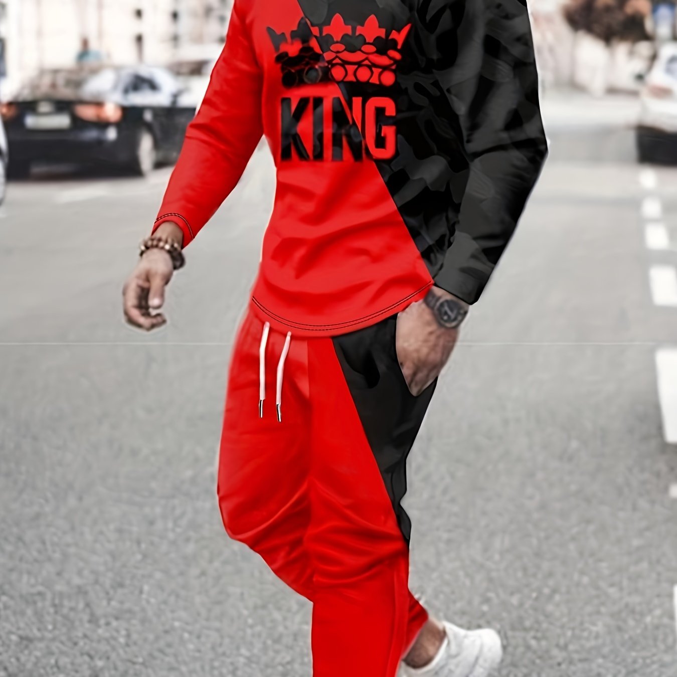 KING Pattern Men's 2Pcs Outfits, Casual Crew Neck Long Sleeve T-shirt And Drawstring Sweatpants Joggers Set For Summer, Men's Clothing - Lena & Miles Exquisite Boutique LLC.