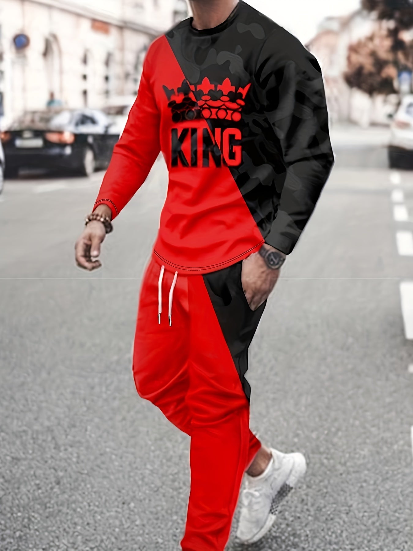 KING Pattern Men's 2Pcs Outfits, Casual Crew Neck Long Sleeve T-shirt And Drawstring Sweatpants Joggers Set For Summer, Men's Clothing - Lena & Miles Exquisite Boutique LLC.