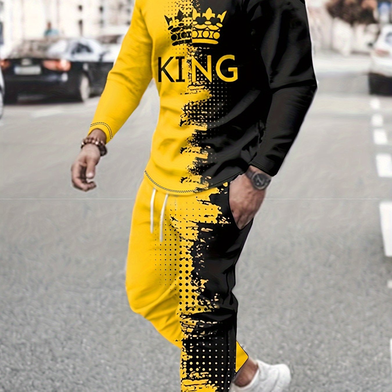 KING Pattern Men's 2Pcs Outfits, Casual Crew Neck Long Sleeve T-shirt And Drawstring Sweatpants Joggers Set For Summer, Men's Clothing - Lena & Miles Exquisite Boutique LLC.