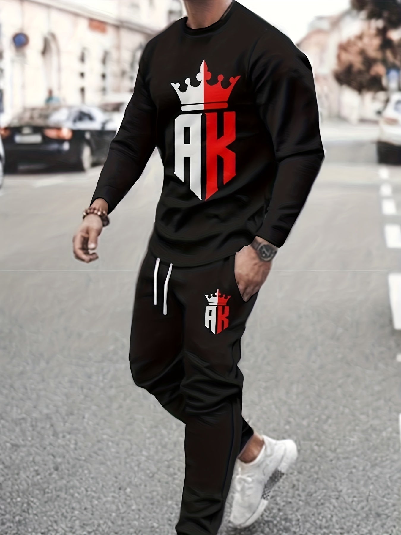 KING Pattern Men's 2Pcs Outfits, Casual Crew Neck Long Sleeve T-shirt And Drawstring Sweatpants Joggers Set For Summer, Men's Clothing - Lena & Miles Exquisite Boutique LLC.