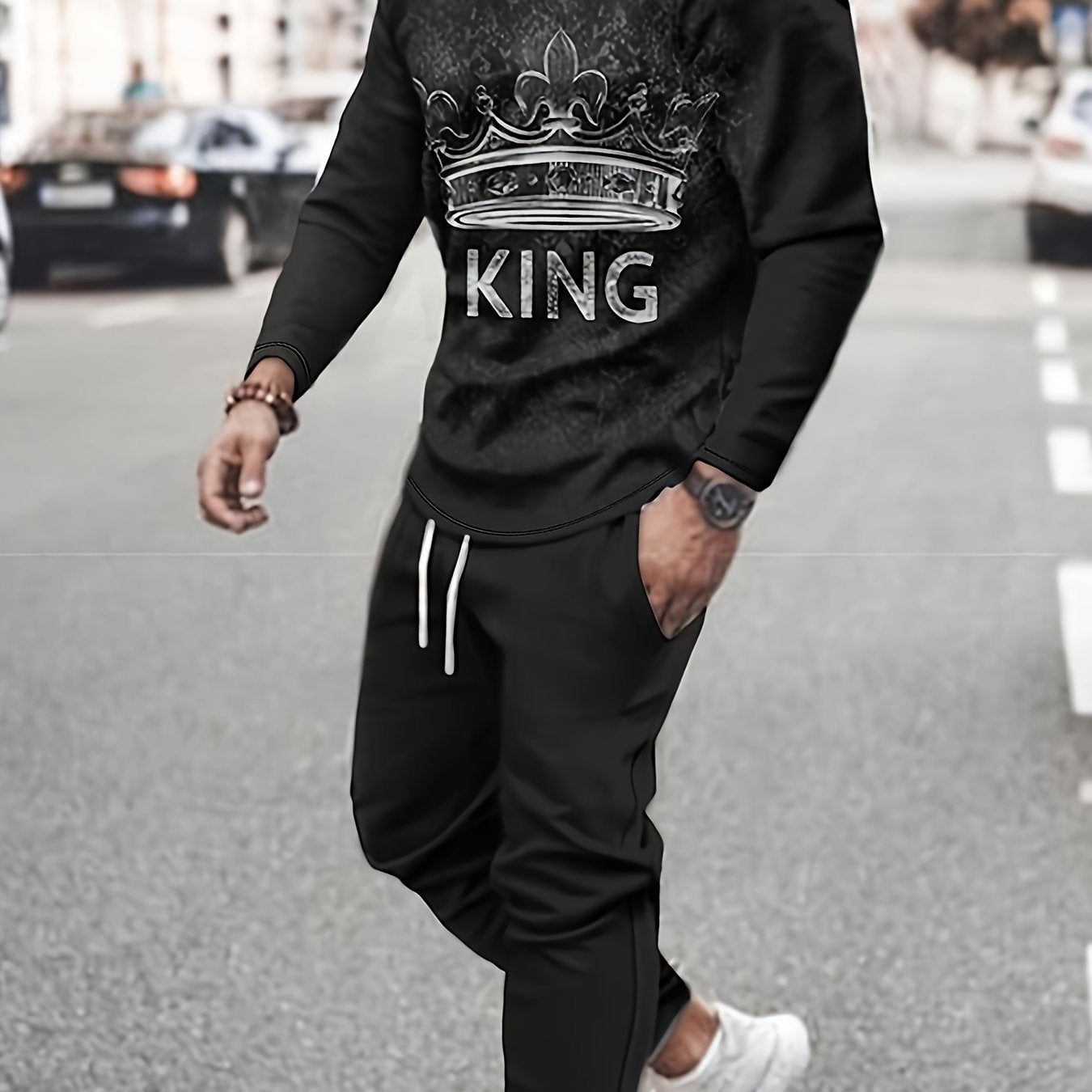 KING Pattern Men's 2Pcs Outfits, Casual Crew Neck Long Sleeve T-shirt And Drawstring Sweatpants Joggers Set For Summer, Men's Clothing - Lena & Miles Exquisite Boutique LLC.