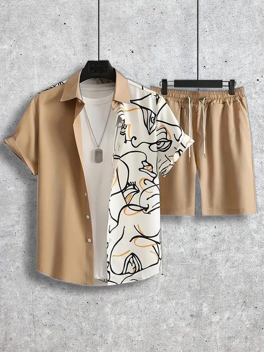 Abstract Painting Print, Men's 2Pcs Outfits, Casual Camp Collar Lapel Button Up Short Sleeve Shirts Hawaiian Shirt And Drawstring Shorts Set For Summer, Men's Clothing - Lena & Miles Exquisite Boutique LLC.