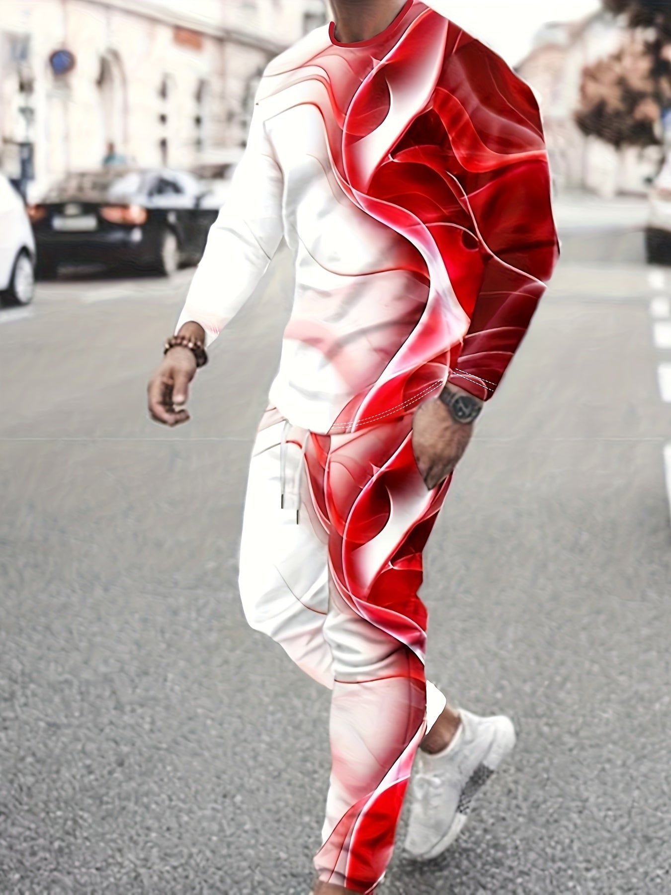 Black & White Men's 2Pcs Outfits, Casual Crew Neck Long Sleeve T-shirt And Drawstring Sweatpants Joggers Set For Winter Fall, Men's Clothing - Lena & Miles Exquisite Boutique LLC.