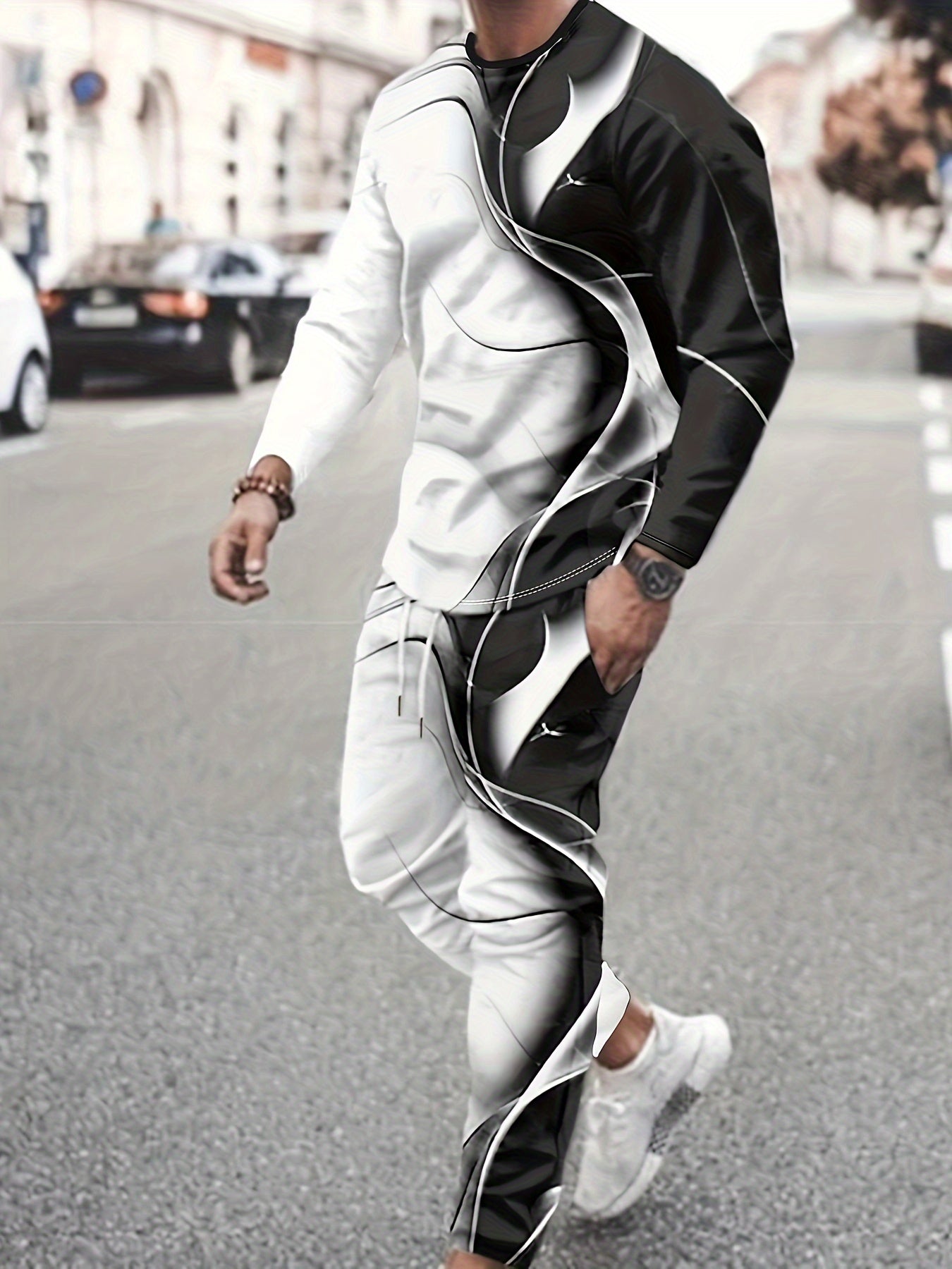 Black & White Men's 2Pcs Outfits, Casual Crew Neck Long Sleeve T-shirt And Drawstring Sweatpants Joggers Set For Winter Fall, Men's Clothing - Lena & Miles Exquisite Boutique LLC.