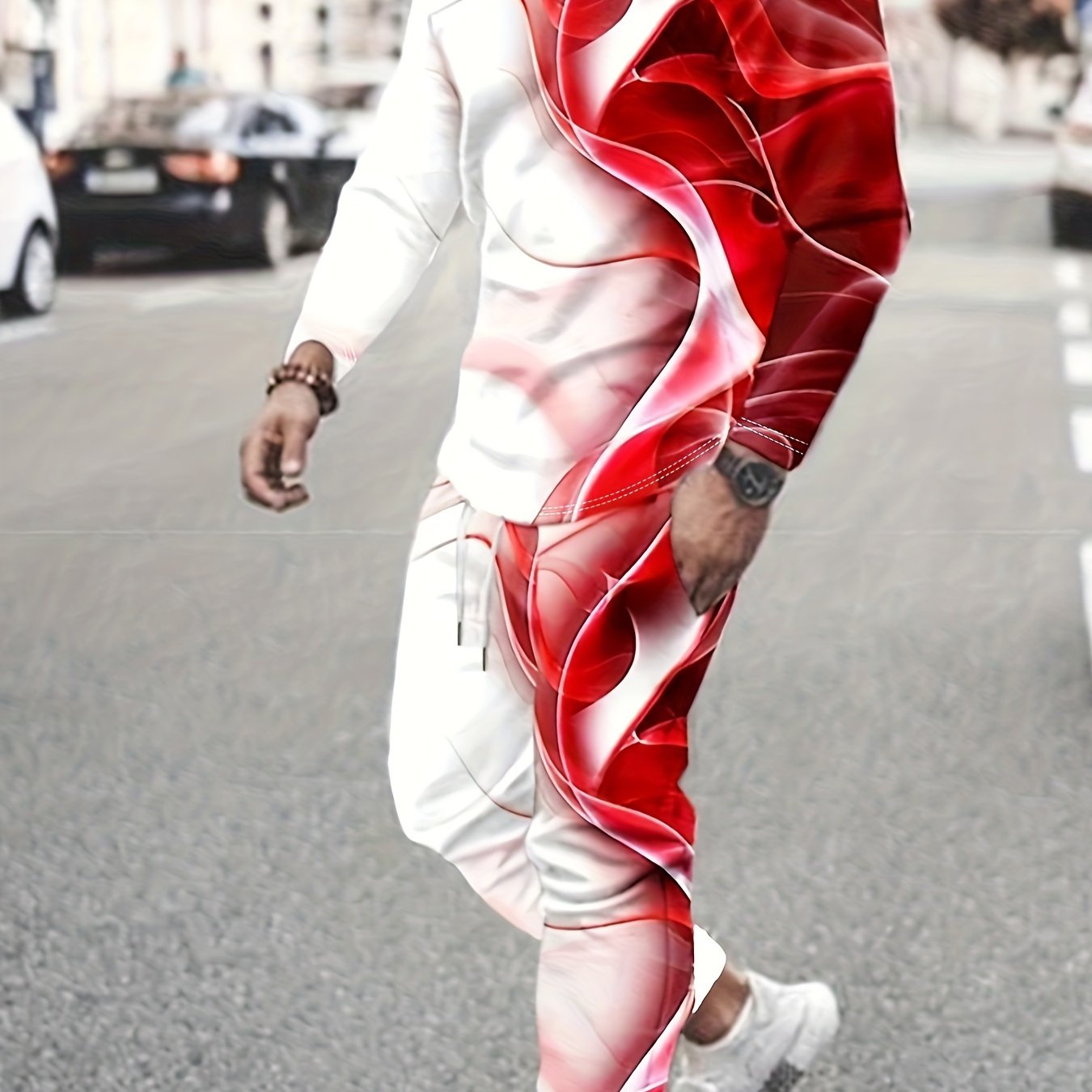 Black & White Men's 2Pcs Outfits, Casual Crew Neck Long Sleeve T-shirt And Drawstring Sweatpants Joggers Set For Winter Fall, Men's Clothing - Lena & Miles Exquisite Boutique LLC.