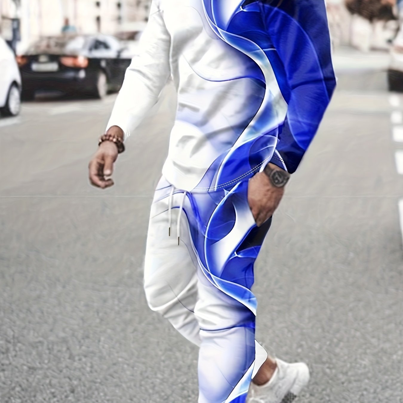 Black & White Men's 2Pcs Outfits, Casual Crew Neck Long Sleeve T-shirt And Drawstring Sweatpants Joggers Set For Winter Fall, Men's Clothing - Lena & Miles Exquisite Boutique LLC.