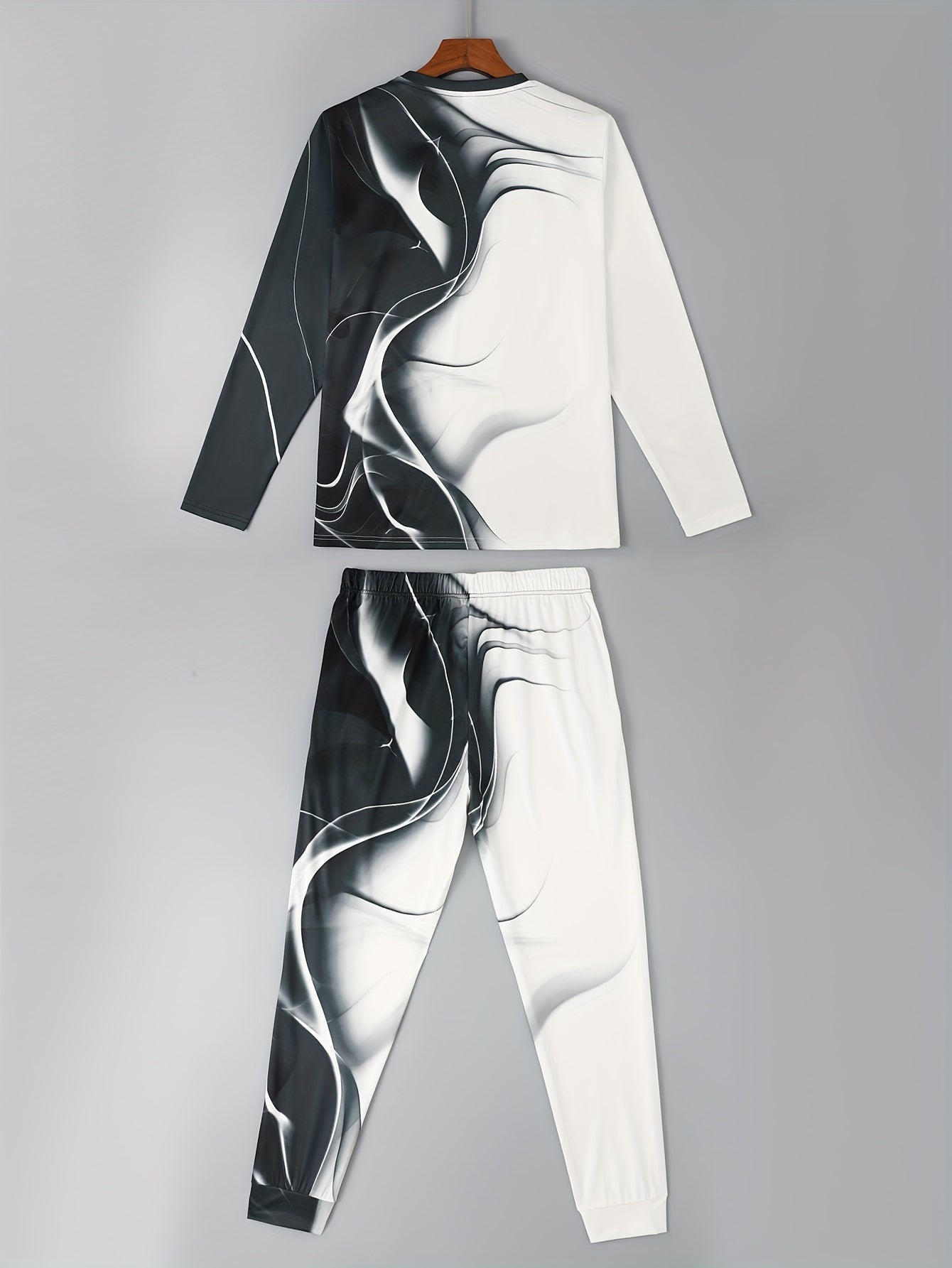 Black & White Men's 2Pcs Outfits, Casual Crew Neck Long Sleeve T-shirt And Drawstring Sweatpants Joggers Set For Winter Fall, Men's Clothing - Lena & Miles Exquisite Boutique LLC.