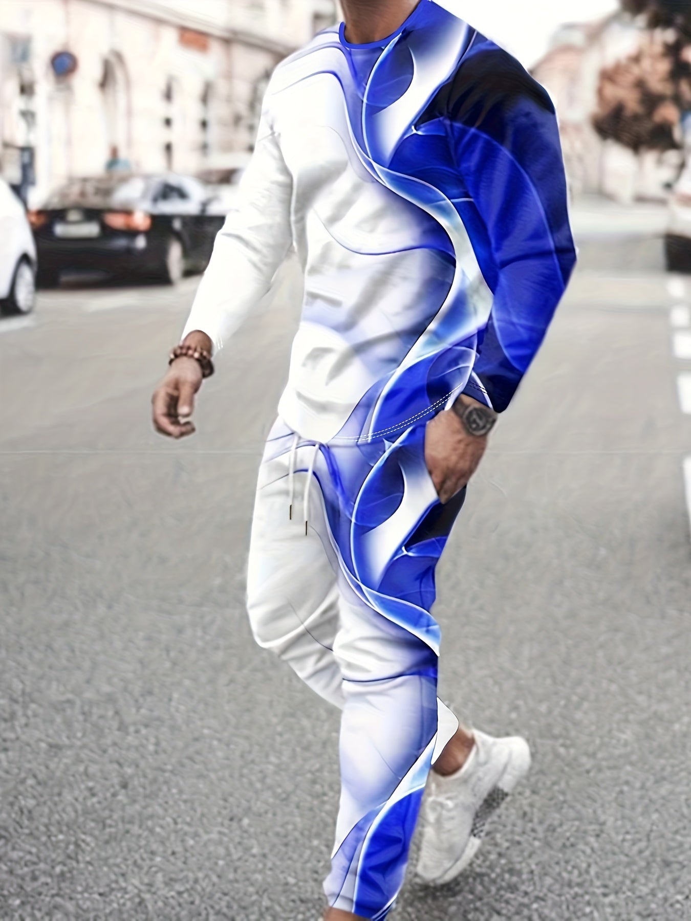 Black & White Men's 2Pcs Outfits, Casual Crew Neck Long Sleeve T-shirt And Drawstring Sweatpants Joggers Set For Winter Fall, Men's Clothing - Lena & Miles Exquisite Boutique LLC.